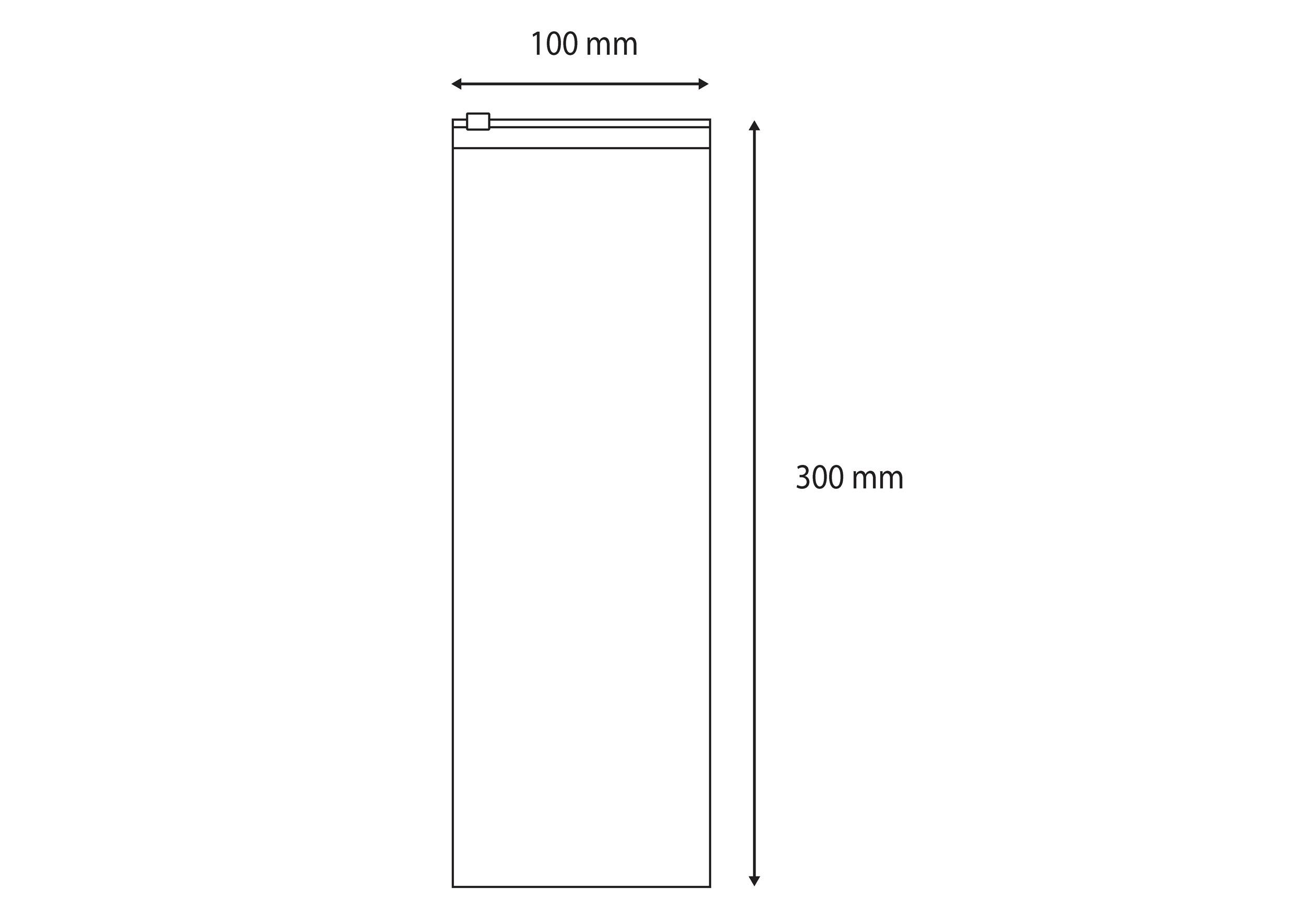 Technický výkres obdélníkového objektu s kótami: šířka 100 mm a výška 300 mm, znázorněný šipkami označujícími rozměry.