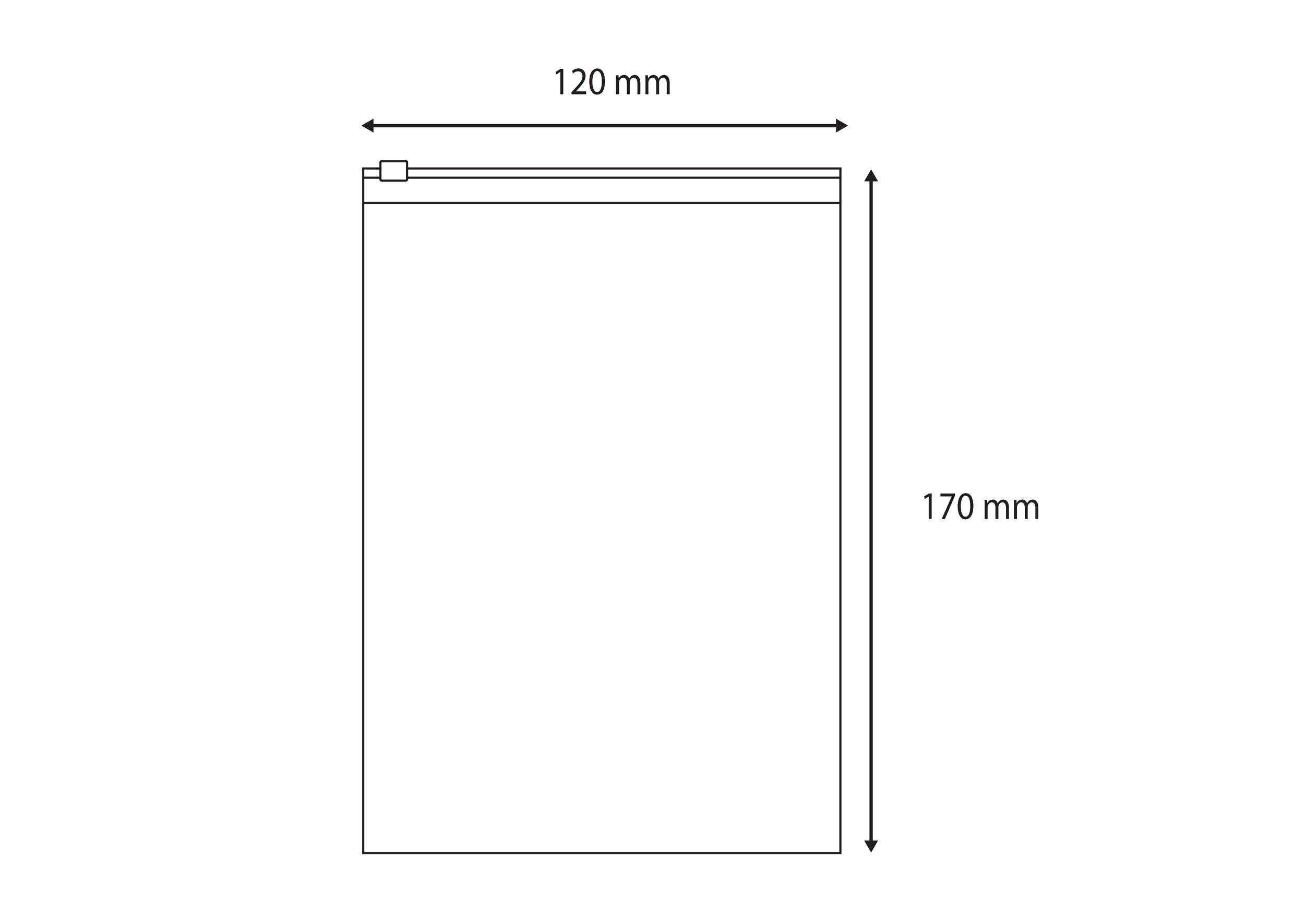 Diagram plastového uzavíratelného sáčku, který má šířku 120 mm a výšku 170 mm, s jezdcem v horní části pro uzavření.