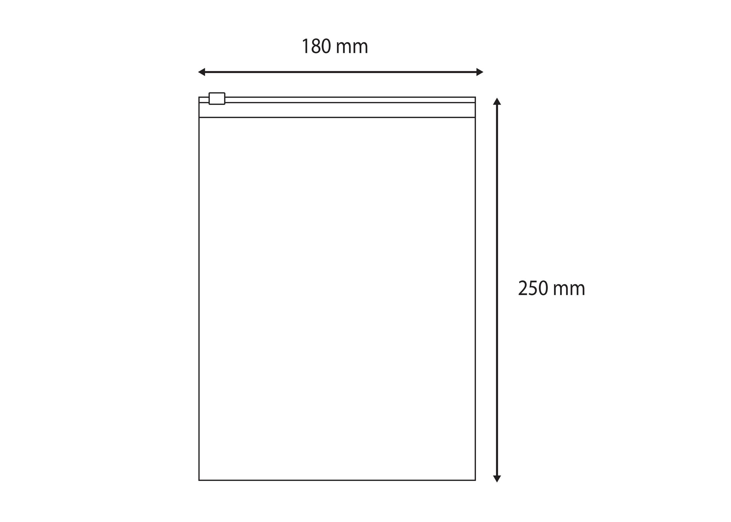Diagram plastového průhledného zipového sáčku s vyznačenými rozměry: šířka 180 mm, výška 250 mm.