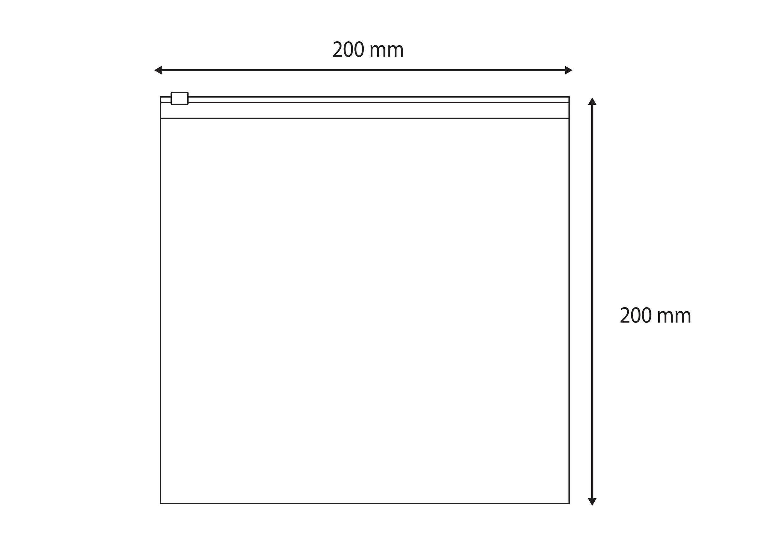 Čtvercová taška se zipem, rozměry 200 mm × 200 mm, zobrazená se šipkami označujícími šířku a výšku.