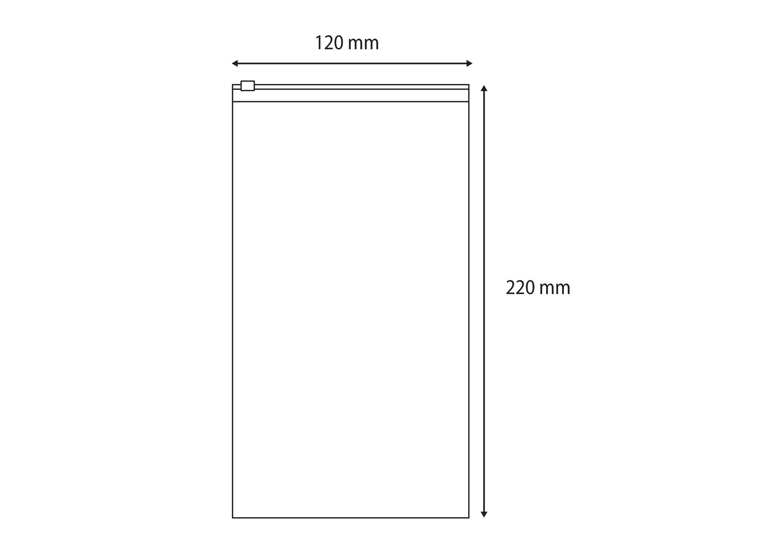 Diagram obdélníkové tašky s vyznačenými rozměry: šířka '120 mm', výška '220 mm'. Taška má na horní straně zip.