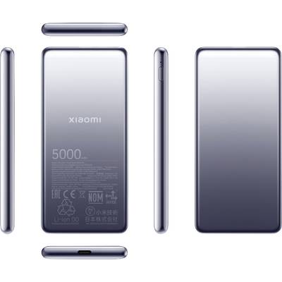 Tenká stříbrná powerbanka s nápisem '5000 mAh' na zadní straně, zobrazená z několika úhlů, zvýrazňující její kompaktní design.