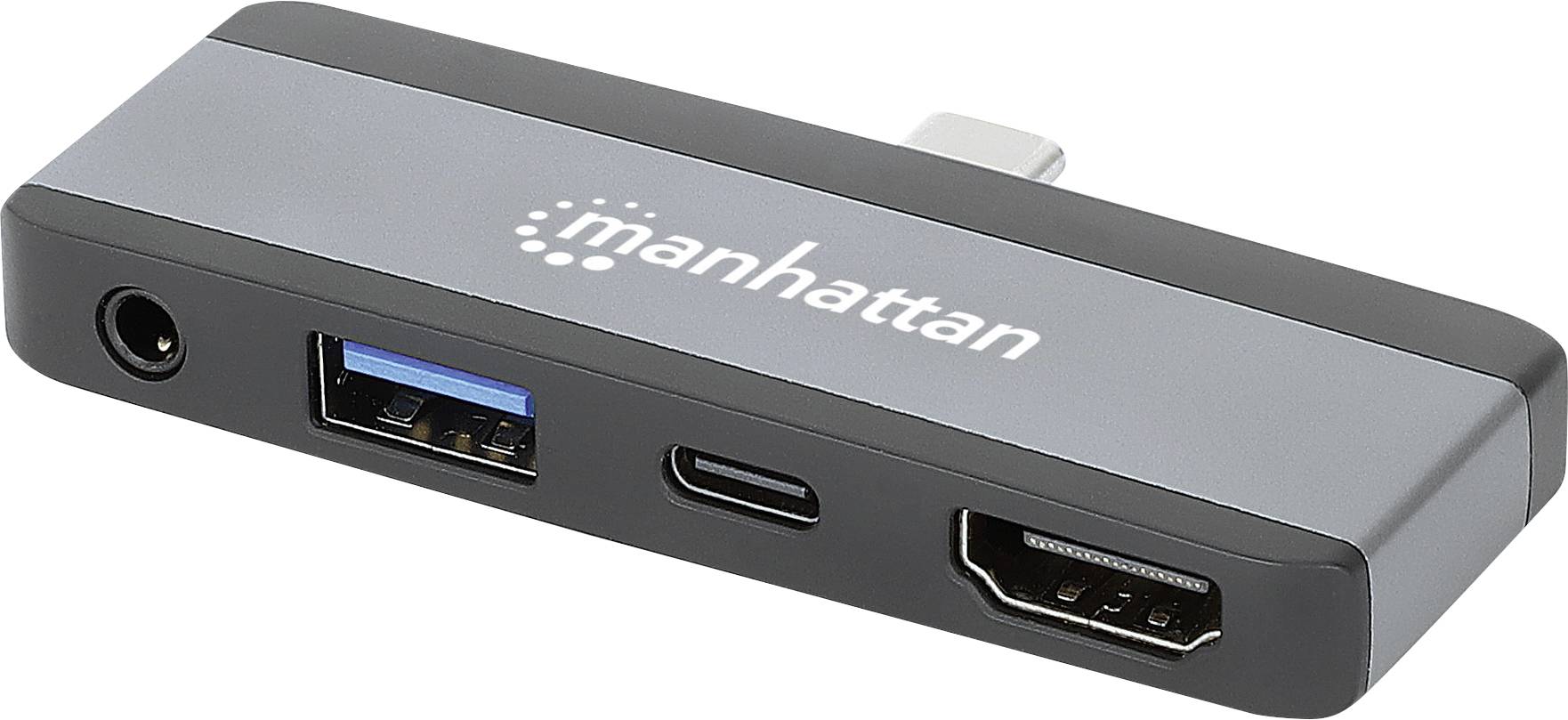 USB-C adaptér s logem 'manhattan' zobrazující konektory: USB-A, USB-C, HDMI a kulatý napájecí port.