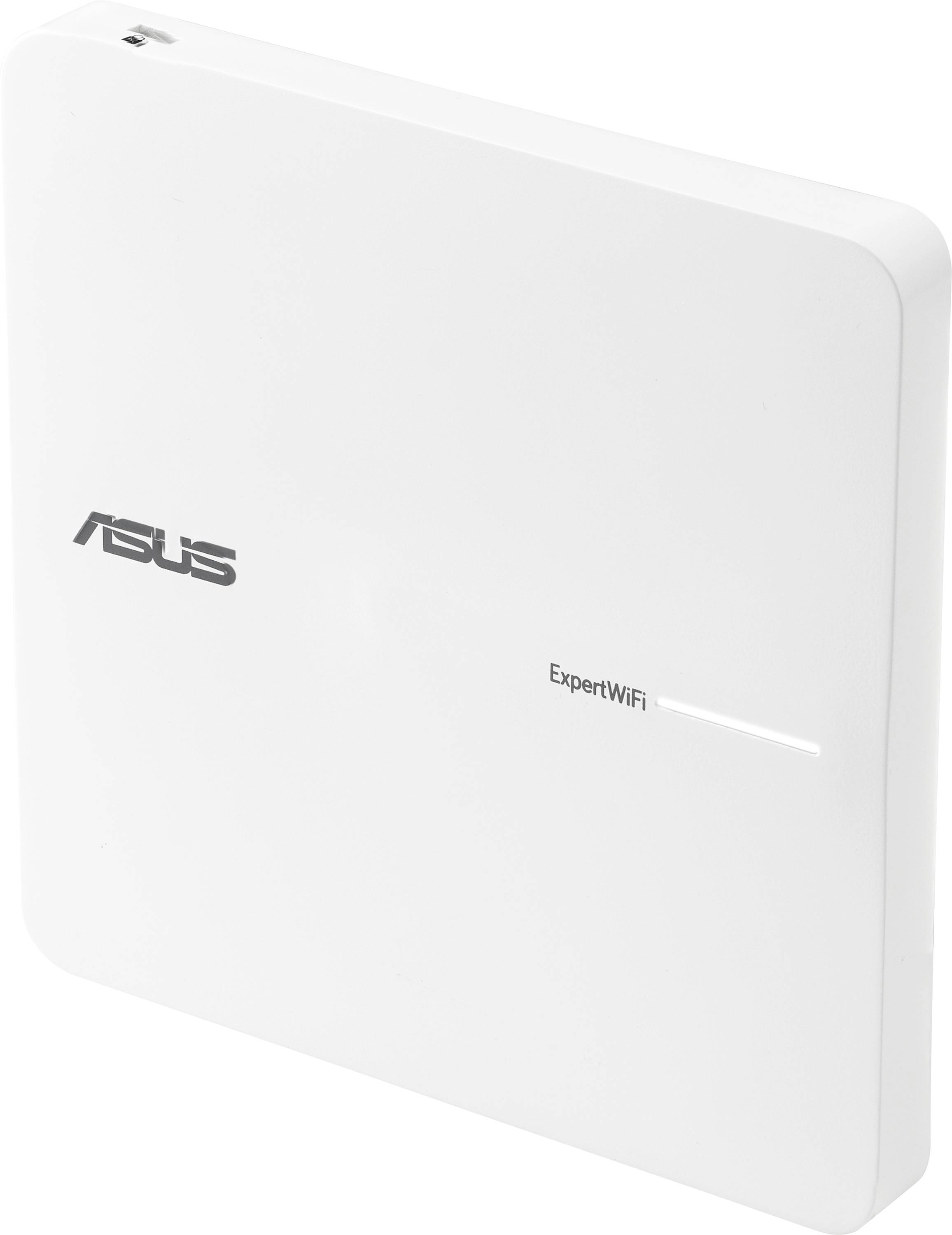 Obrázek ukazuje bílý WiFi router ASUS ExpertWiFi s minimalistickým designem a úzkou stavovou kontrolkou na přední straně.