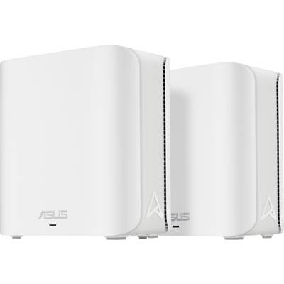 Dva bílé routery ASUS s moderním designem, umístěné vedle sebe, pravděpodobně vhodné pro nastavení domácí sítě.