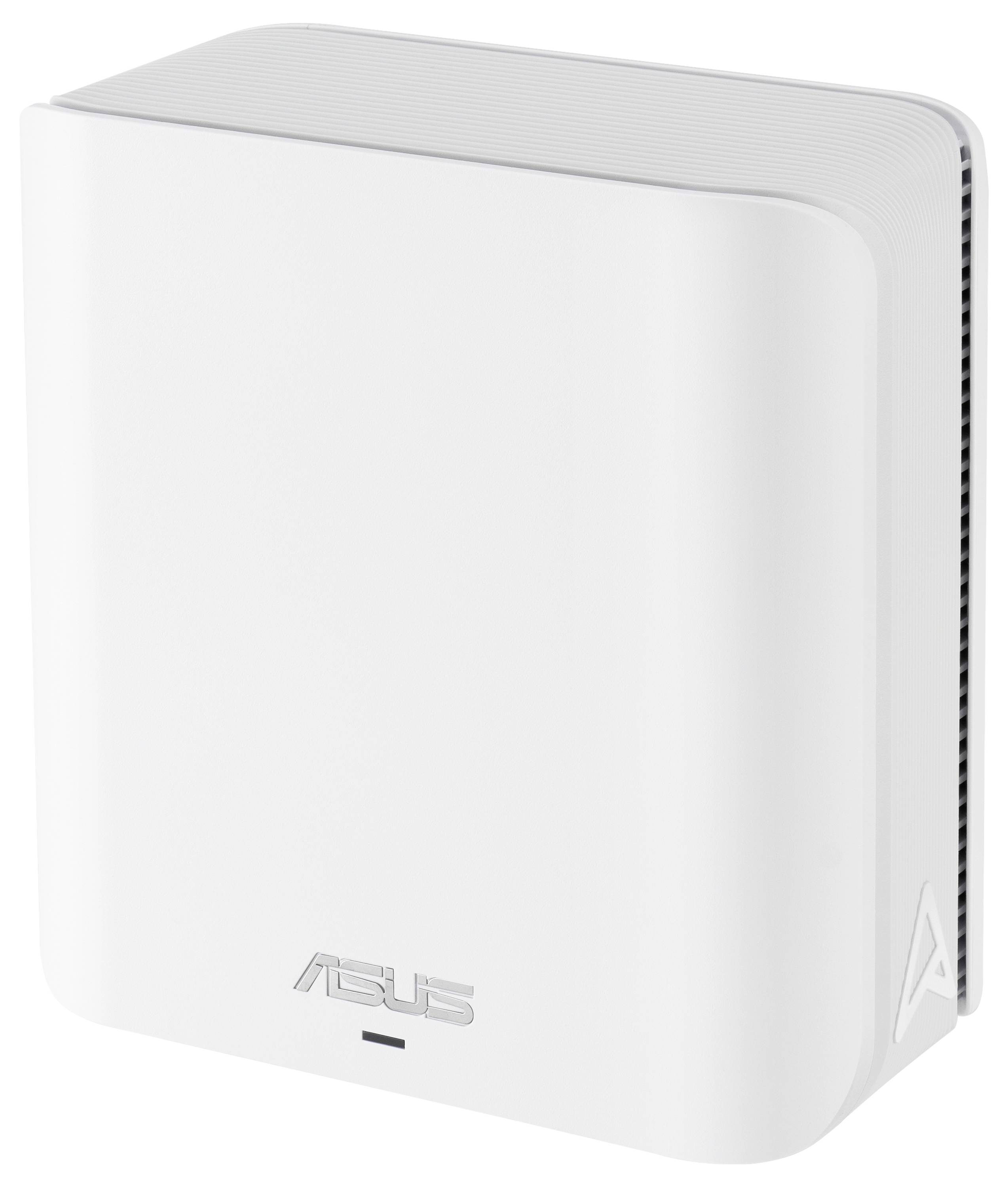 Bílý ASUS router v pravoúhlém tvaru se zaoblenými rohy a malou LED kontrolkou na spodní straně.