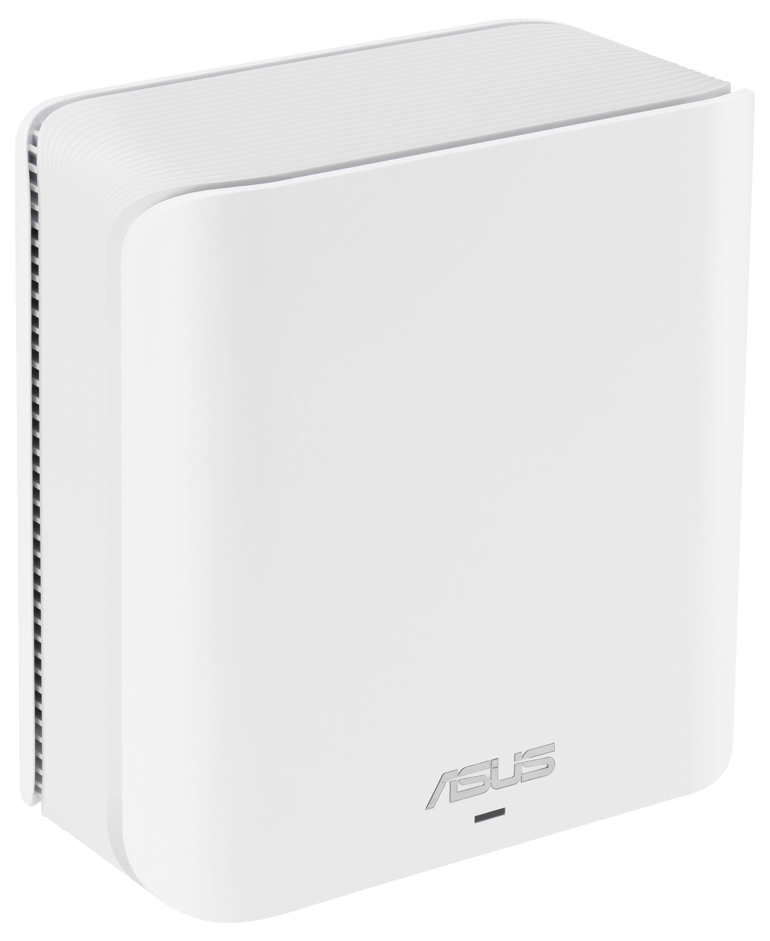Bílý router Asus se zaoblenými rohy a vertikálními větracími štěrbinami po straně.