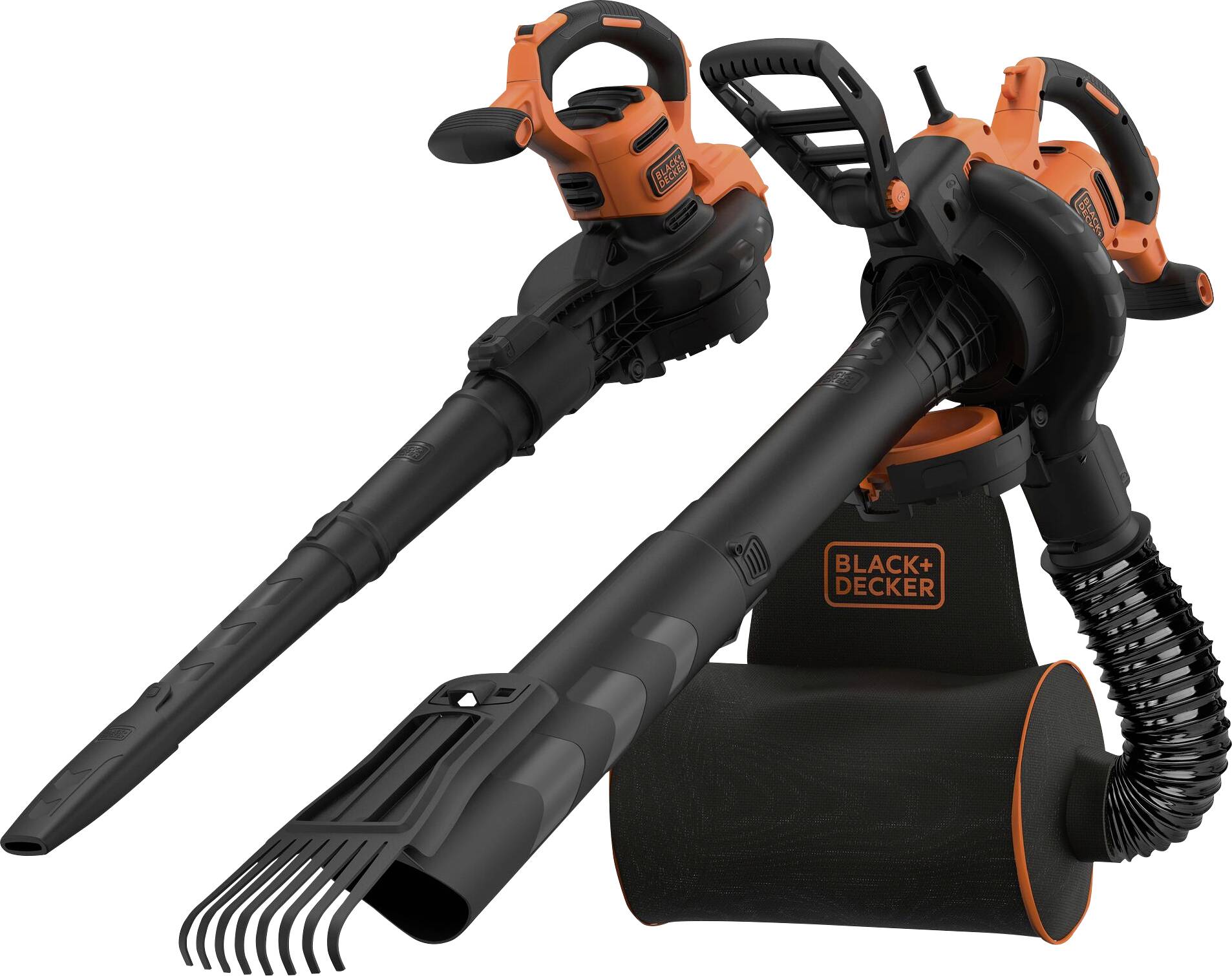 Dva černé a oranžové zahradní fukar od BLACK+DECKER s různými nástavci pro sběr a ofukování listí.
