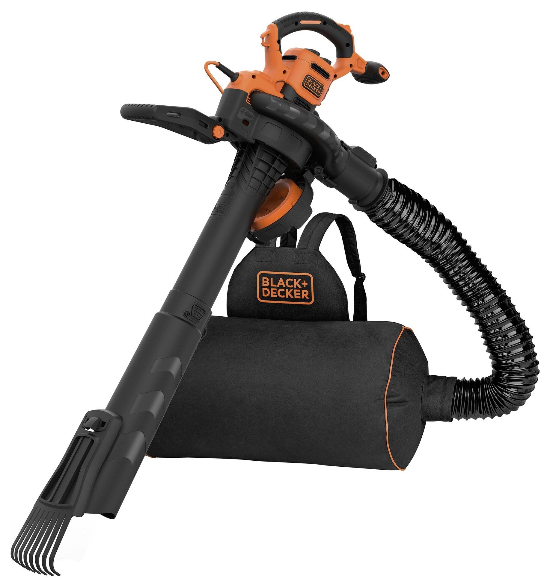 Ofukový a sací přístroj značky Black+Decker s černou sací trubicí, oranžovými ovládacími prvky a černým sběrným vakem. Ideální pro sběr listí na zahradě.