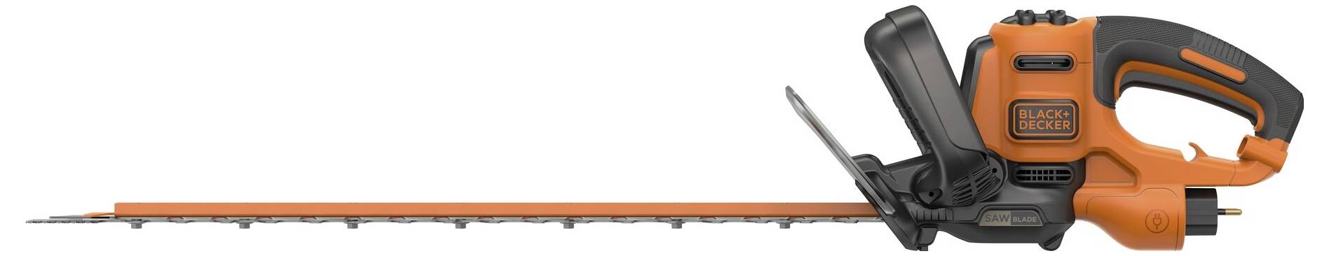 Elektrický plotostřih v černo-oranžové barvě s dlouhou střihací lištou, ergonomickou rukojetí a akumulátorovým pohonem. Vhodný pro stříhání živých plotů.
