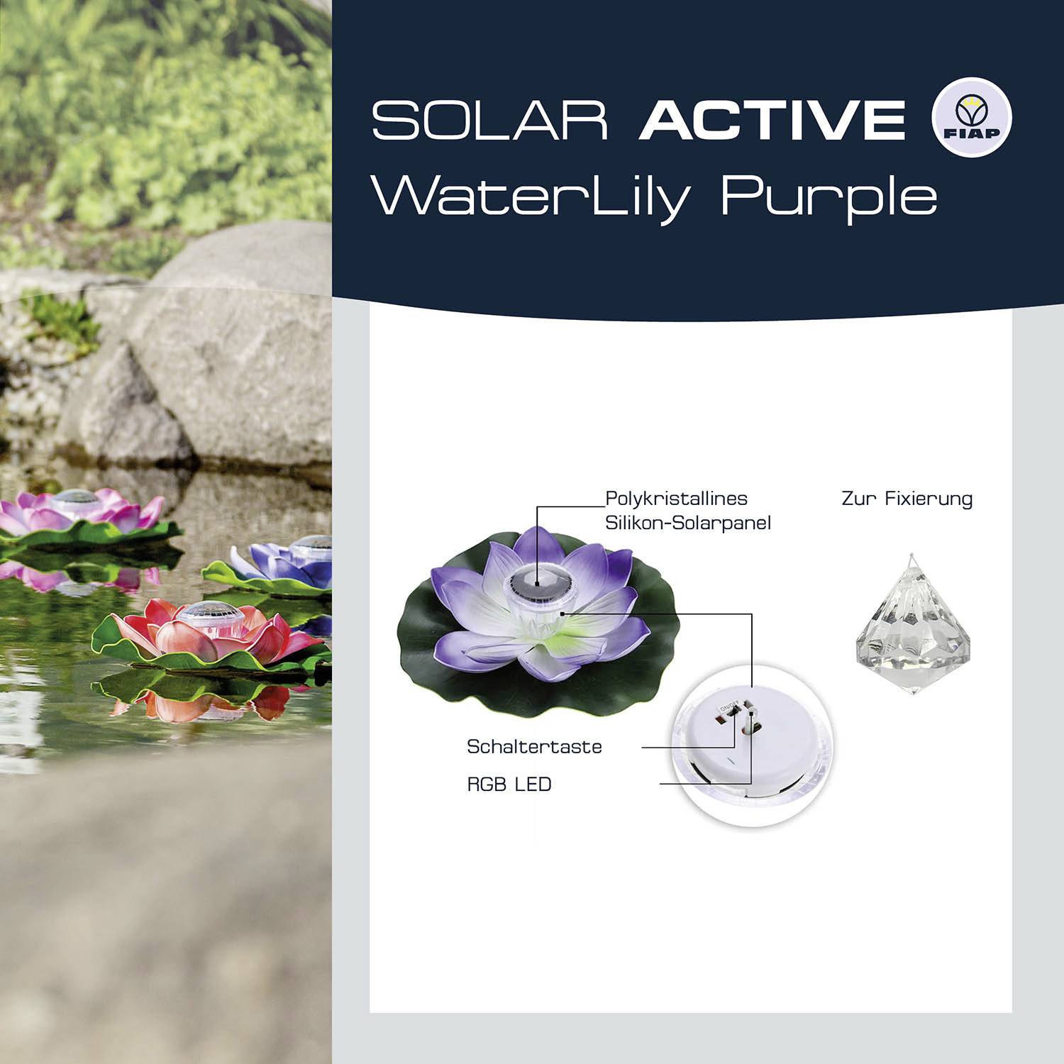 'Solar Active WaterLily Purple' zobrazuje solárně napájenou vodní lilii s RGB LED diodami, vypínačem, polykrystalickými solárními panely a upevněním.