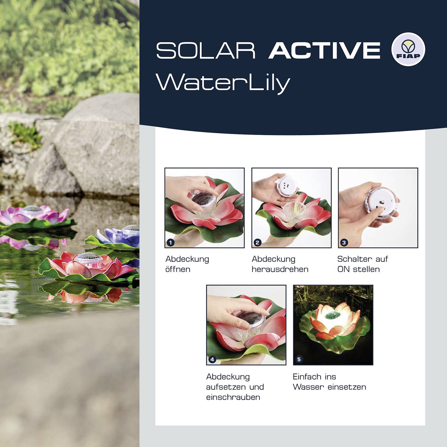 Produktová inzerce 'SOLAR ACTIVE WaterLily'. Ukazuje solární plovoucí světla ve tvaru leknínů v rybníce. Jsou vysvětleny pokyny pro aktivaci a umístění do vody.