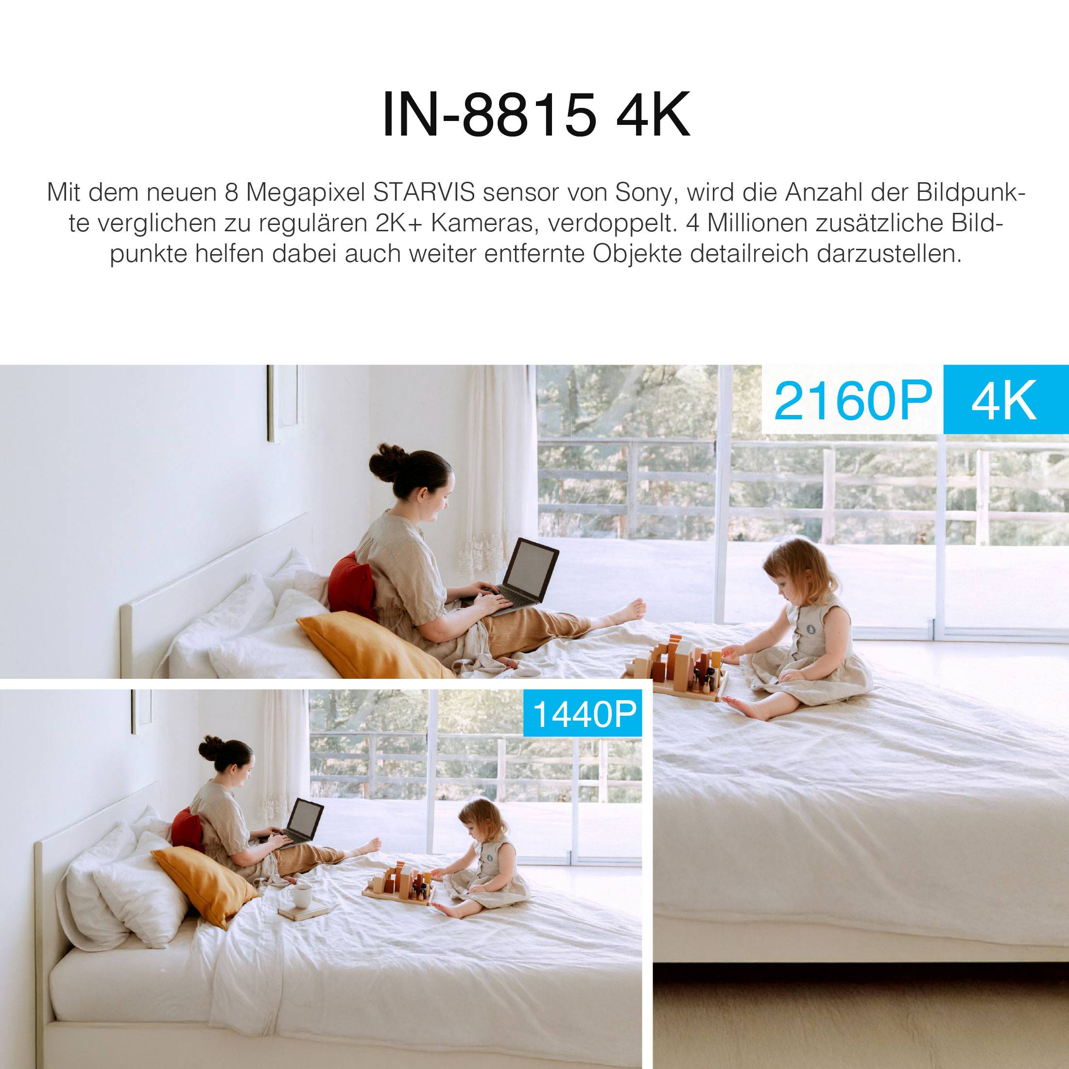 'IN-8815 4K' Zobrazení kamery: Žena a dítě pracují s laptopem na posteli. Obrázek ukazuje porovnání 2160p a 1440p. Text popisuje 8megapixelový senzor a 4K rozlišení.