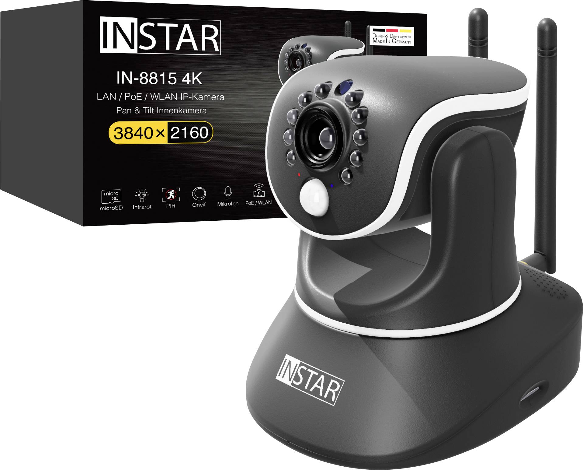 Černá IN-8815 4K webkamera od INSTAR zobrazená na obalu, s rozlišením 3840x2160, LAN/PoE/WLAN, funkcí otáčení a naklápění.