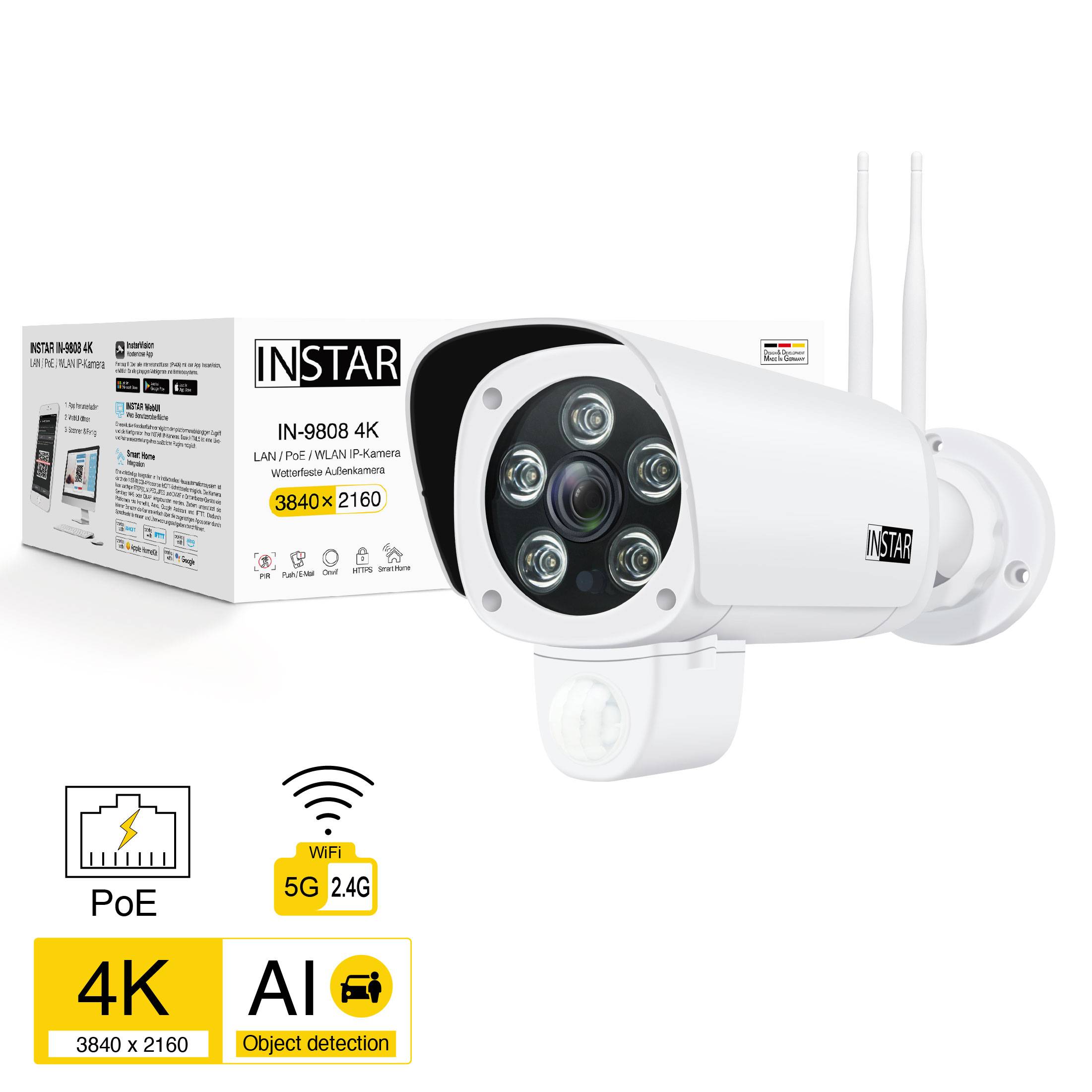 Bezpečnostní kamera s 4K rozlišením a AI rozpoznáváním objektů. Podporuje PoE a dual-band Wi-Fi (5G/2,4G). Balení v pozadí.