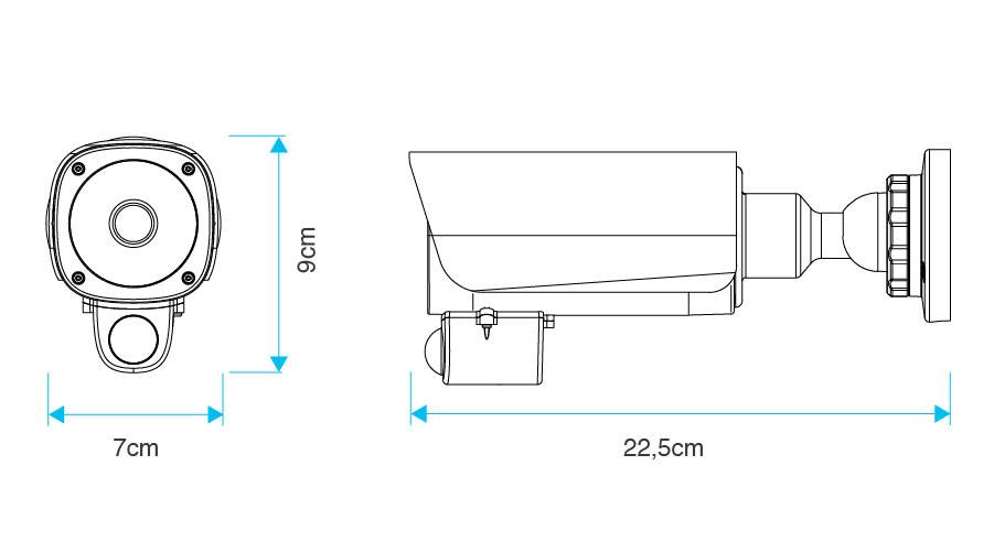 Obrázek bezpečnostní kamery: Pohled zepředu je 9 cm vysoký a 7 cm široký; boční pohled je 22,5 cm dlouhý.