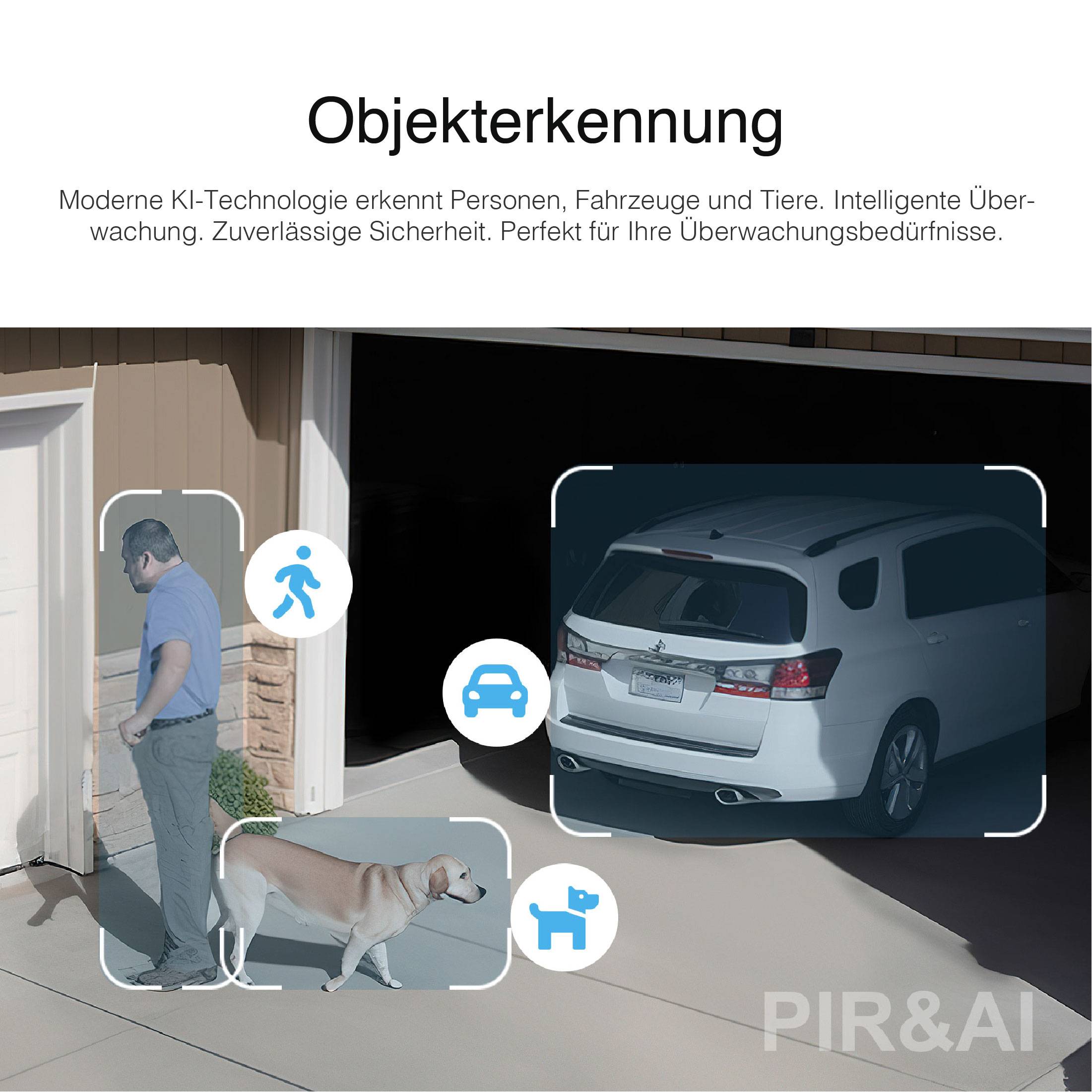 Systém rozpoznávání objektů vedle auta na příjezdové cestě. Symboly pro chodce, auto a psa zobrazují rozpoznané objekty.