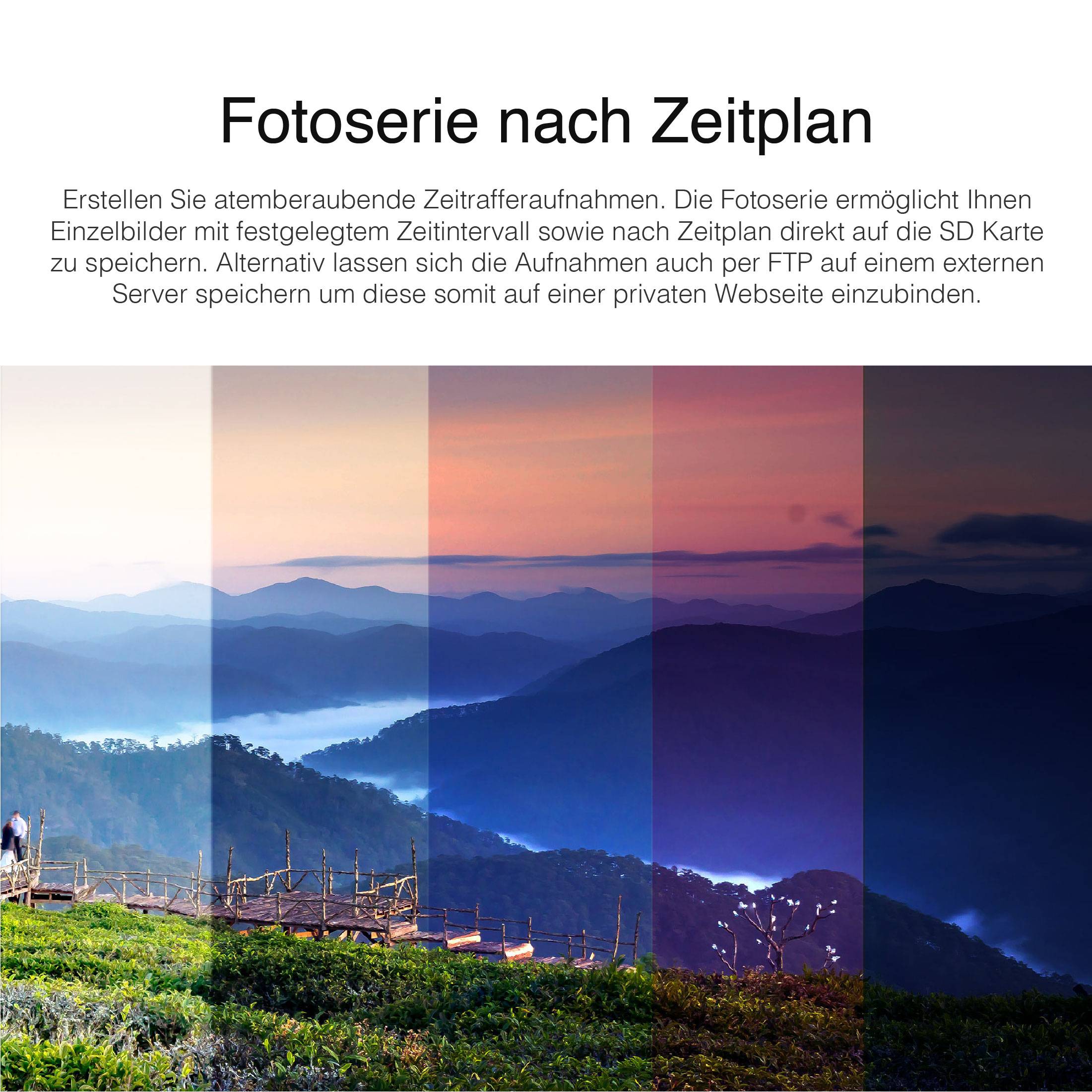 "Fotoserie podle časového plánu": Obloha od dne do noci. Titulky popisují možnosti ukládání a začlenění snímků.
