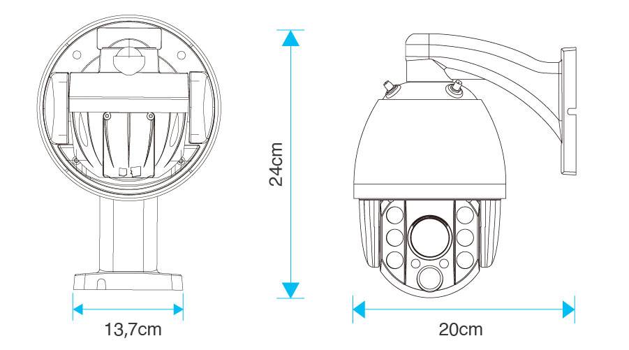 Technický výkres bezpečnostní kamery s rozměry: 13,7 cm šířka, 24 cm výška, 20 cm hloubka. Zobrazena montáž na stěnu.