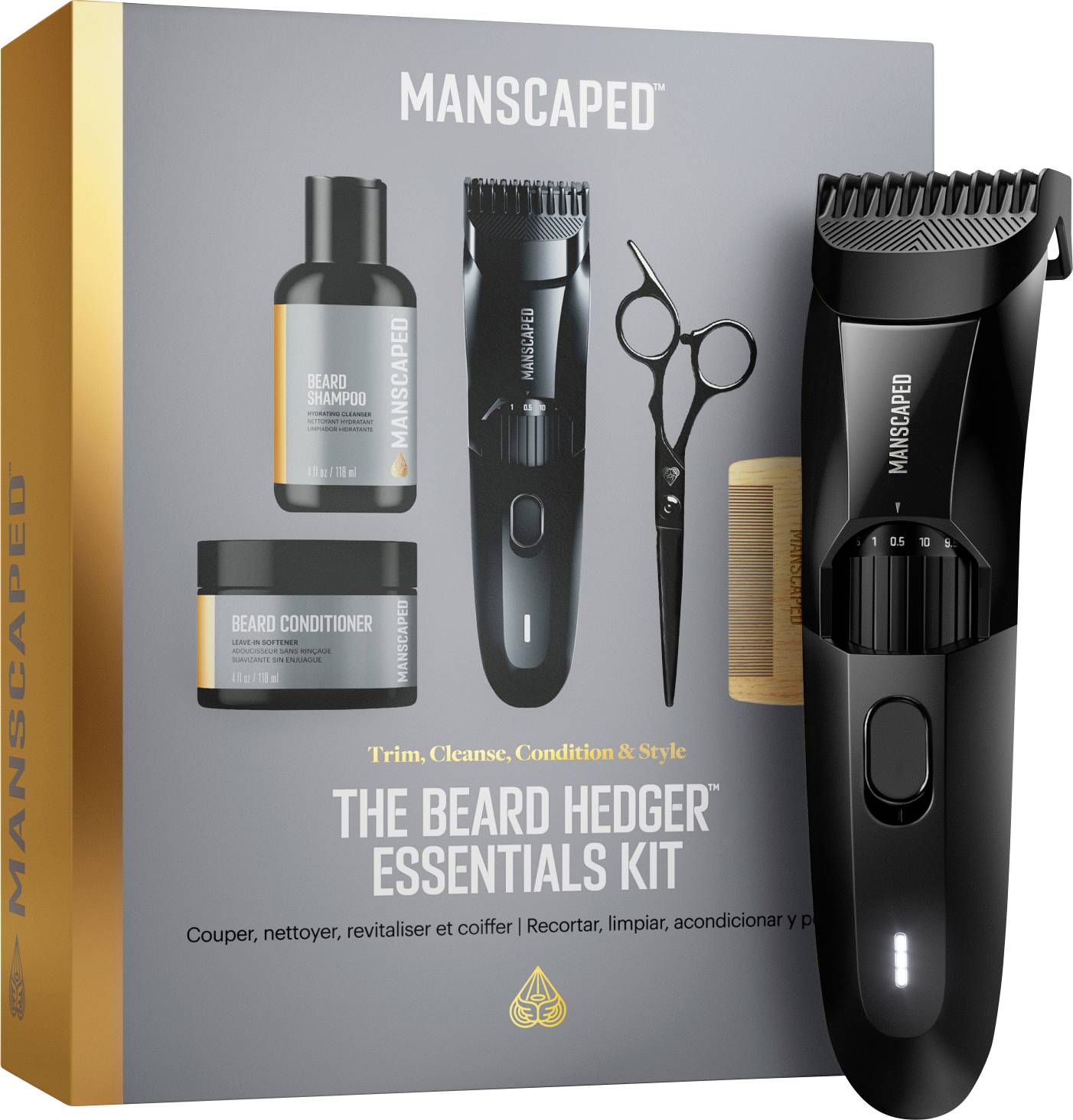 Sada základních potřeb pro úpravu vousů 'The Beard Hedger Essentials Kit' obsahuje zastřihovač, nůžky, šampon a kondicionér pro péči a styling vousů.