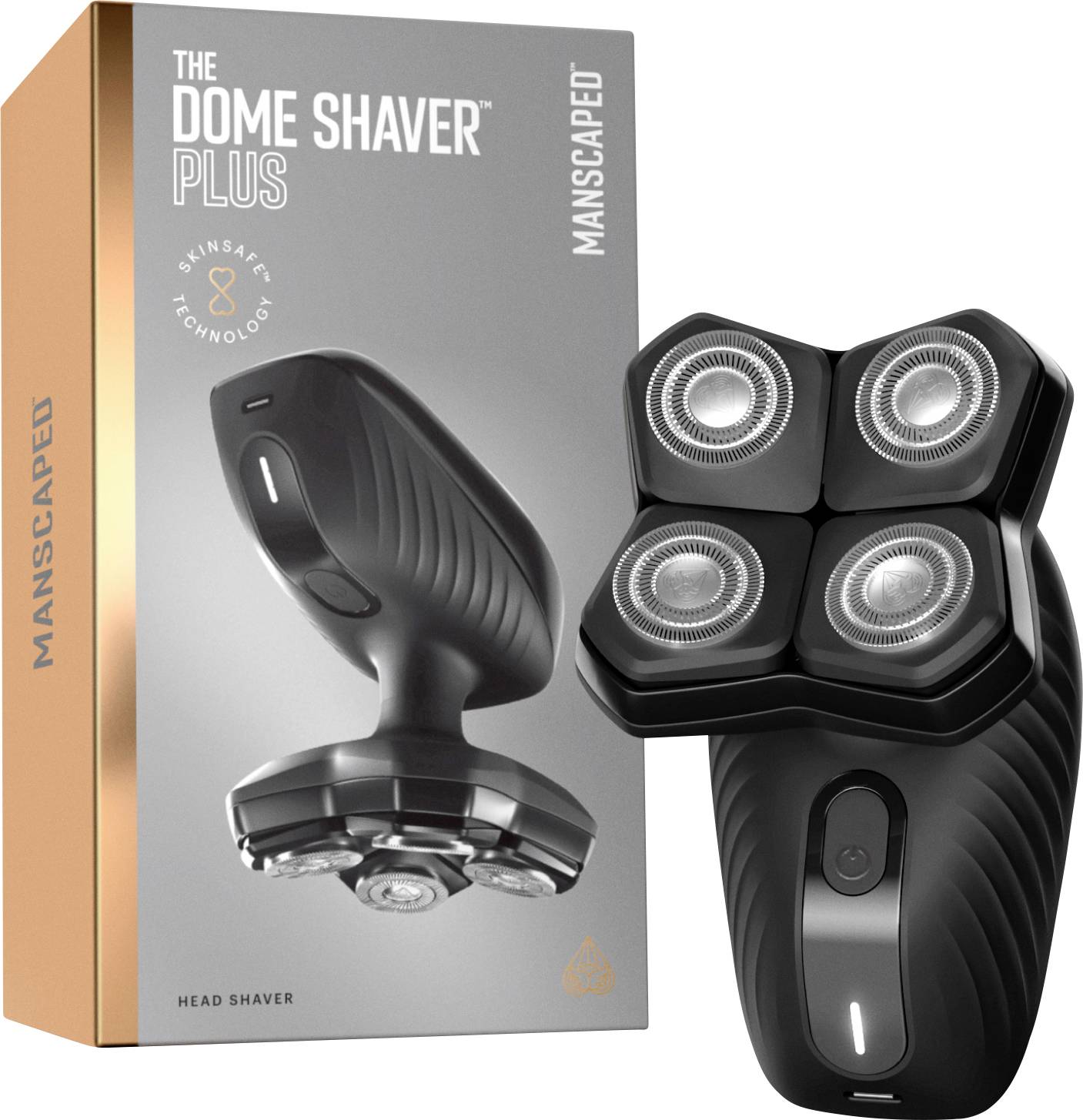 Holicí strojek 'The Dome Shaver Plus' v černé barvě, s designem čtyř hlav, zobrazený vedle svého značkového obalu.