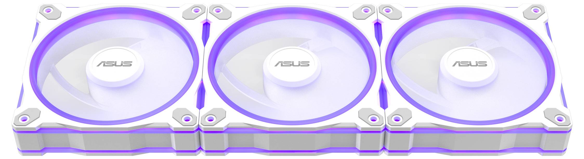 Tři bílé chladicí ventilátory s fialovými LED světly v obdélníkovém rámu, na jejichž náběžných kolech je umístěno logo společnosti 'ASUS'.