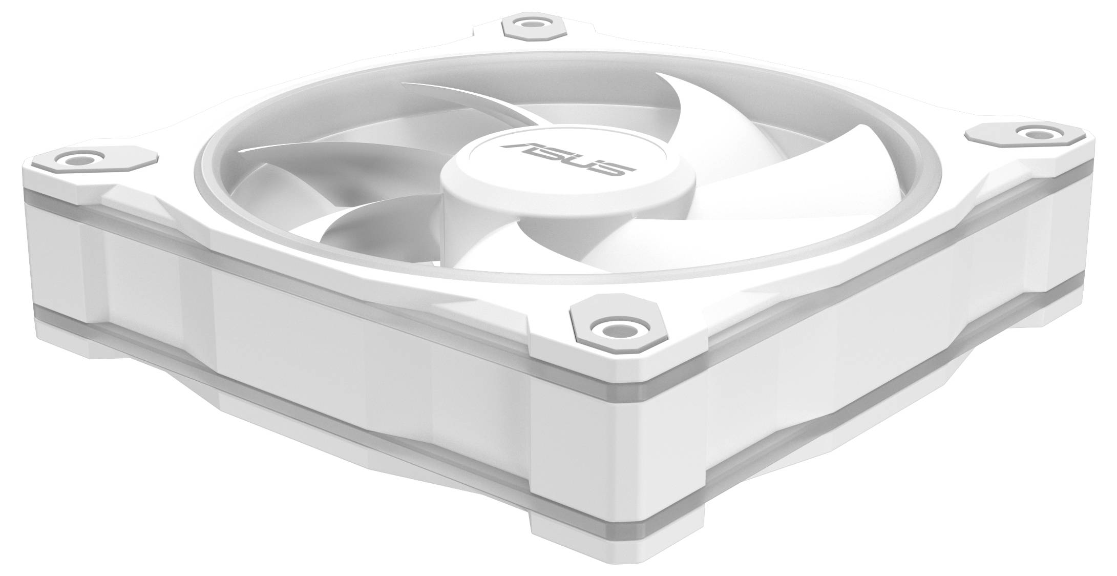 Bílý počítačový ventilátor od společnosti ASUS s čtvercovým rámem a kruhovými lopatkami, určený pro chladicí systémy počítačů.