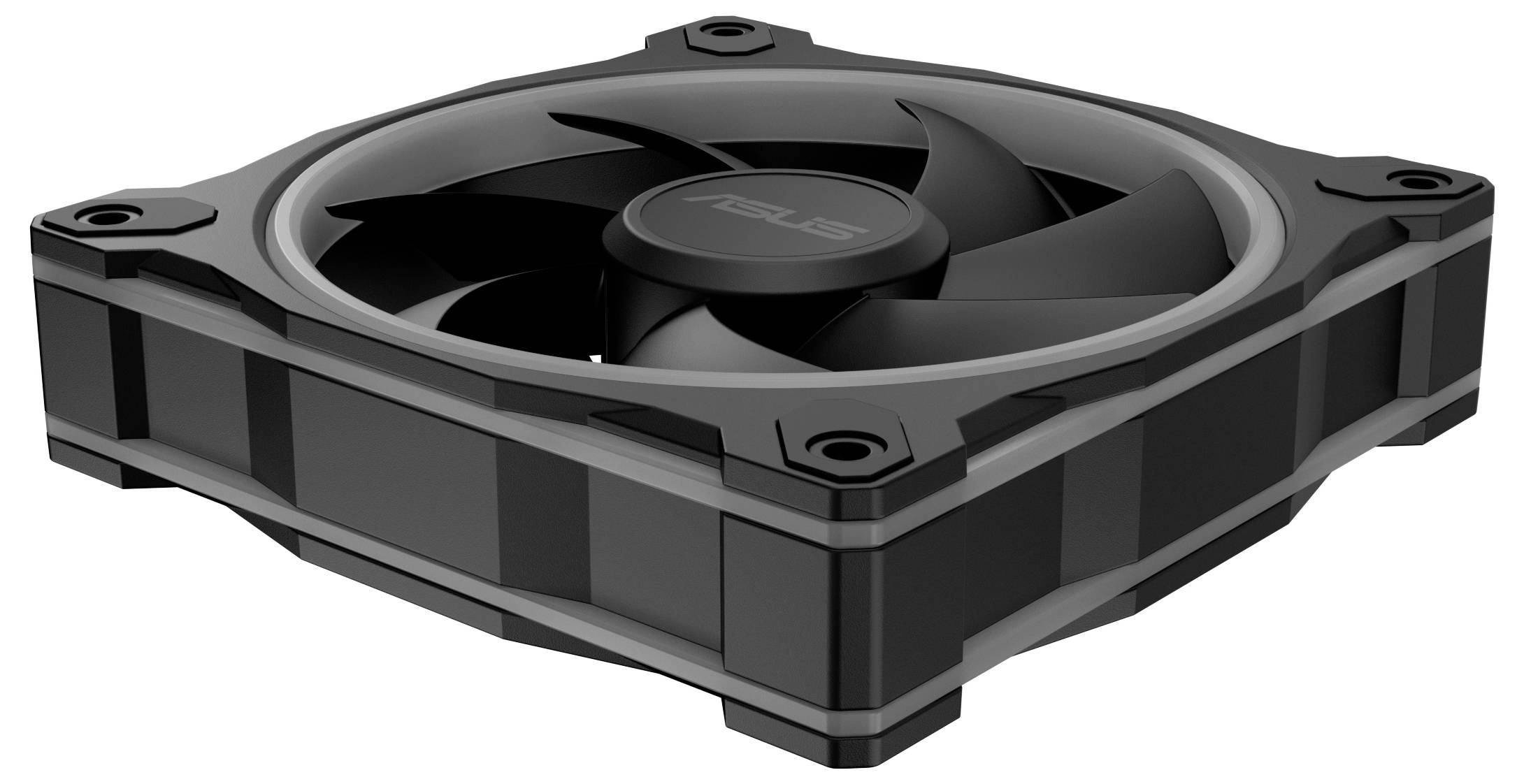 Černý počítačový ventilátor se čtyřmi lopatkami a čtvercovým rámem, určený pro chlazení, má centrální logo a montážní otvory v každém rohu.