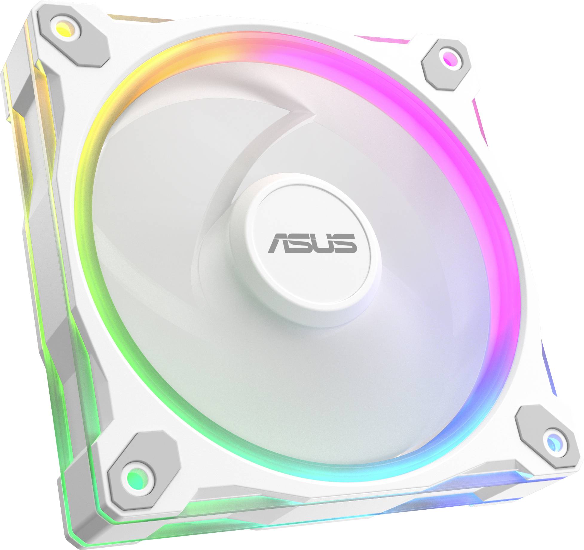 Bílý počítačový ventilátor s logem 'ASUS' uprostřed, obklopený vícebarevnými LED světly odrážejícími odstíny růžové, zelené a žluté.