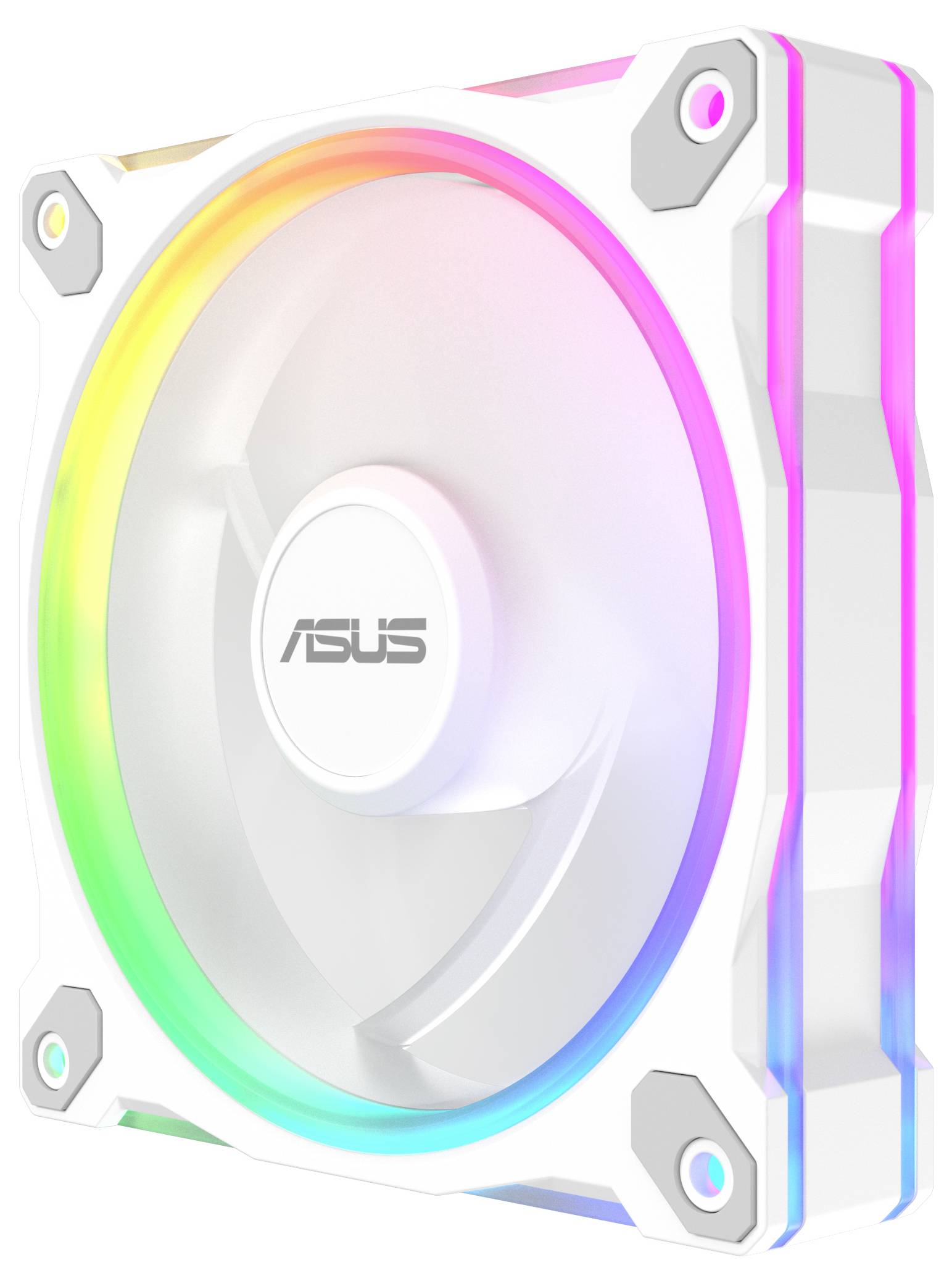 Bílý počítačový chladicí ventilátor s osvětleným RGB LED okrajem zobrazujícím různé barvy, s logem značky 'ASUS' uprostřed.