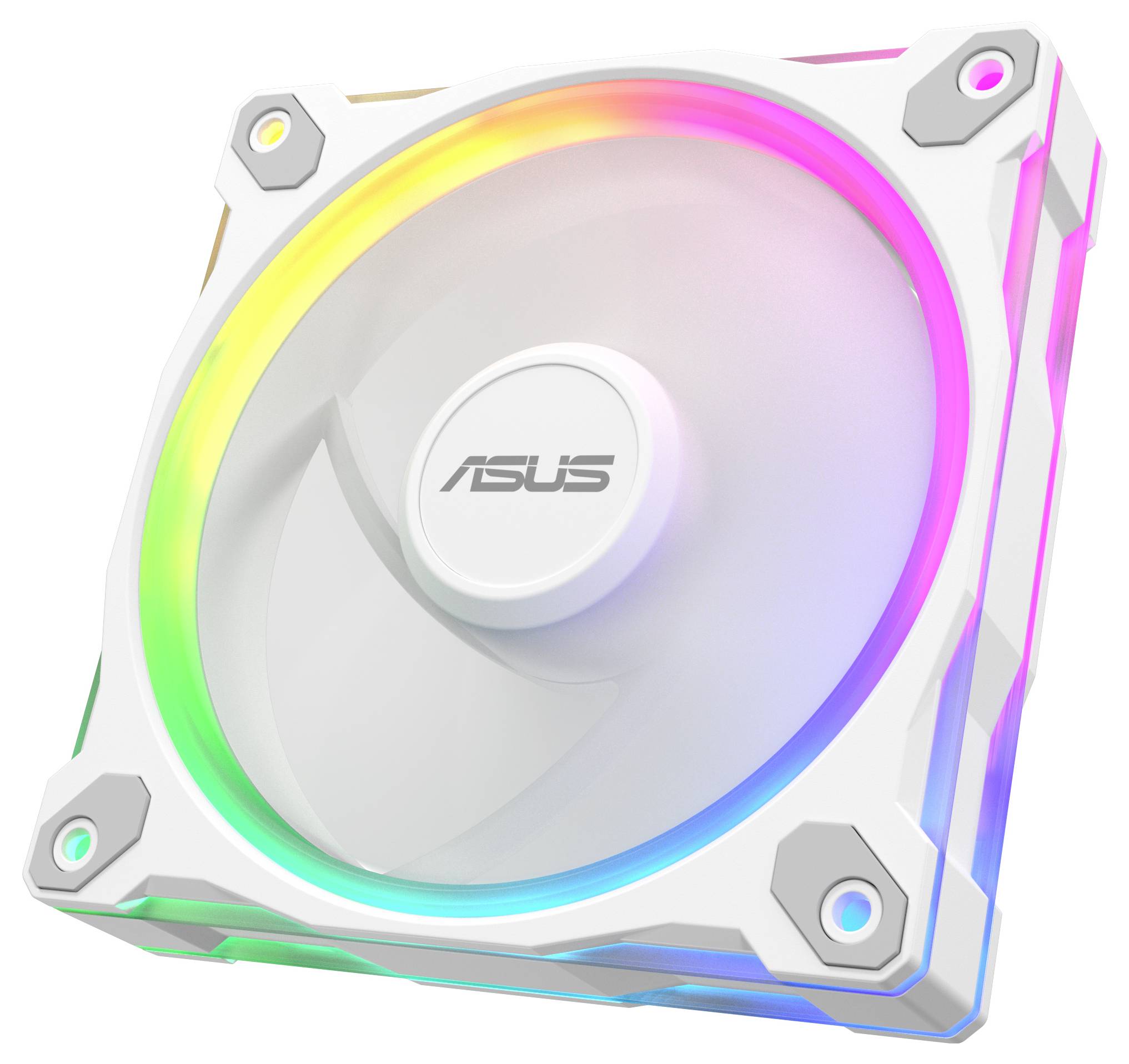 Bílý počítačový chladicí ventilátor značky ASUS s vícebarevnými LED světly kolem okraje, indikující pokročilý design.