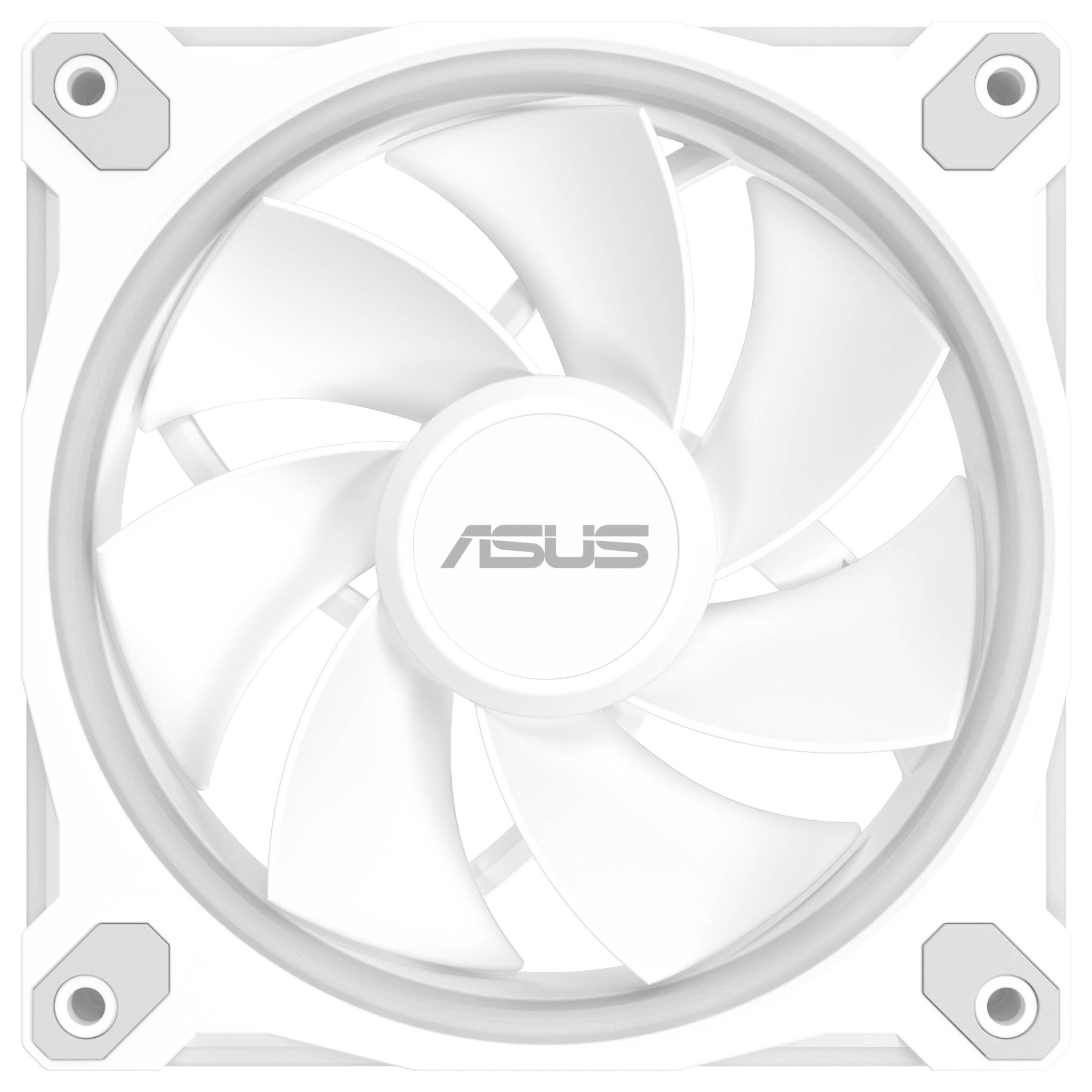 Bílý počítačový chladicí ventilátor s logem 'ASUS' uprostřed, vybavený několika lopatkami, navržený pro efektivní cirkulaci vzduchu.