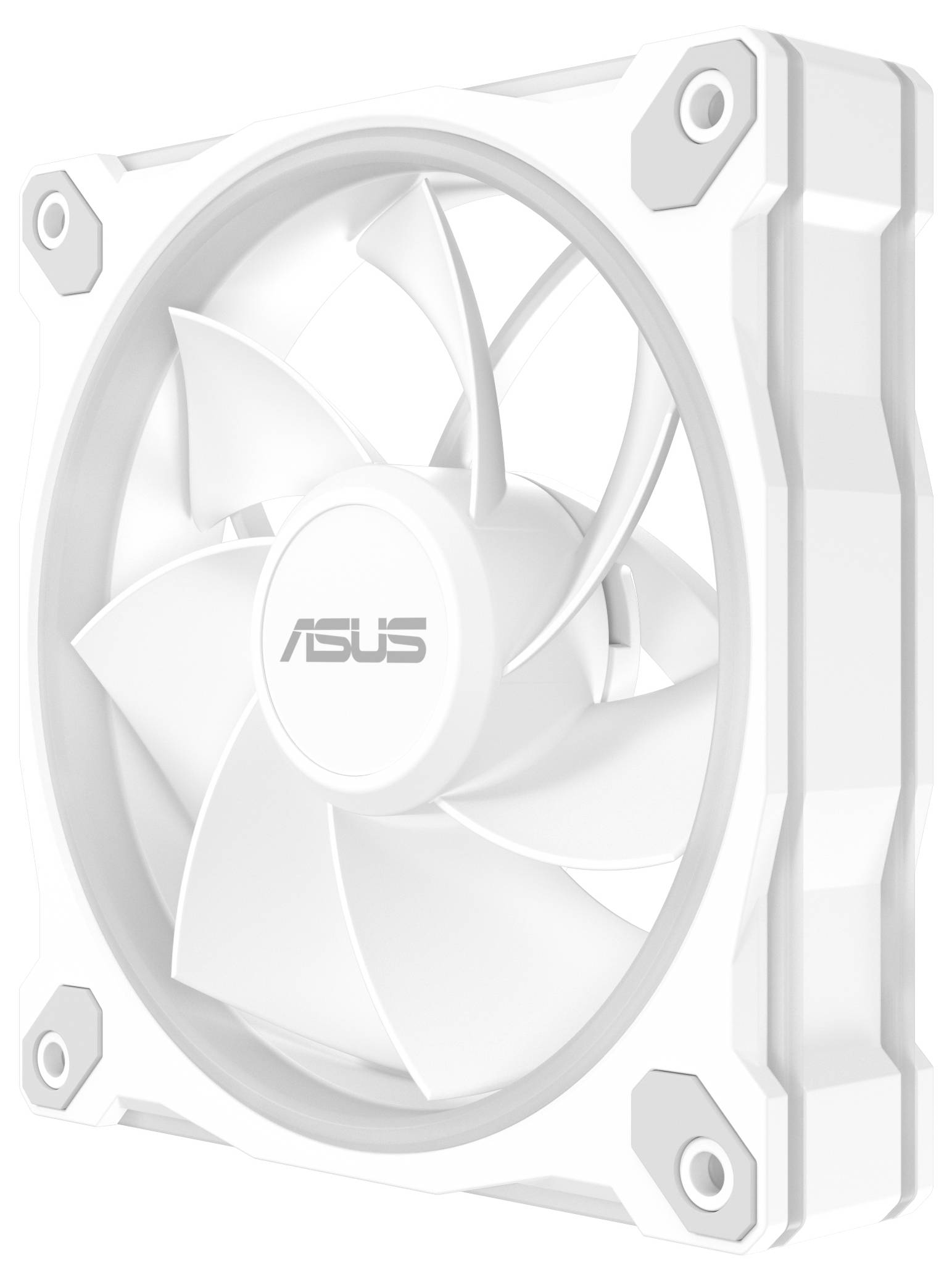 Bílý počítačový chladicí ventilátor s zakřivenými lopatkami a čtyřmi montážními otvory v rozích, s logem 'ASUS' uprostřed.