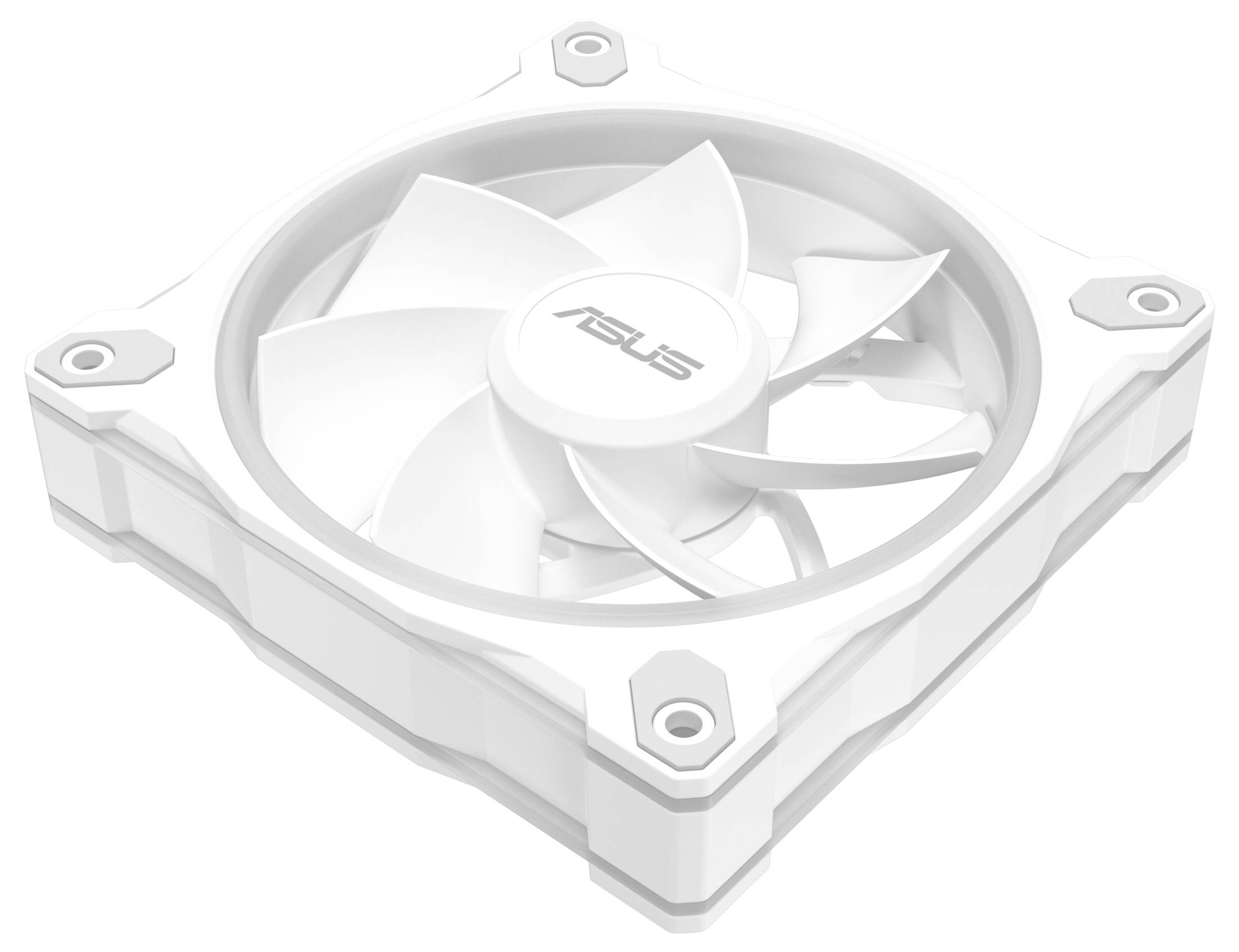 Bílý čtvercový počítačový chladicí ventilátor s několika lopatkami a centrálním nábojem s označením, určený pro větrání a regulaci teploty.