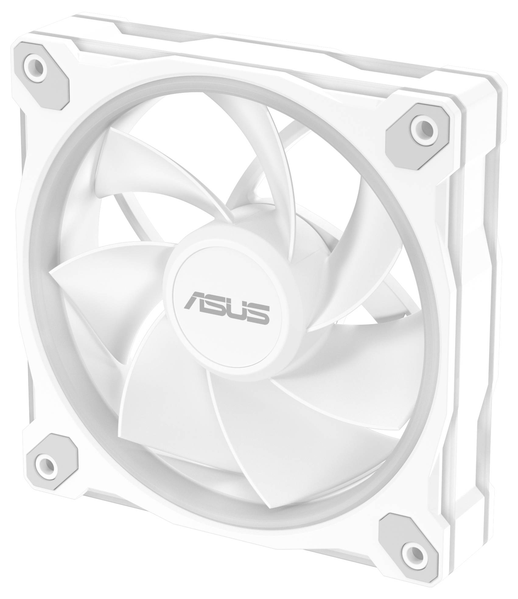 Bílý chladící ventilátor ASUS, navržený pro efektivní proudění vzduchu, má čtvercový rám a otáčivá křídla, vhodný pro stolní počítače.