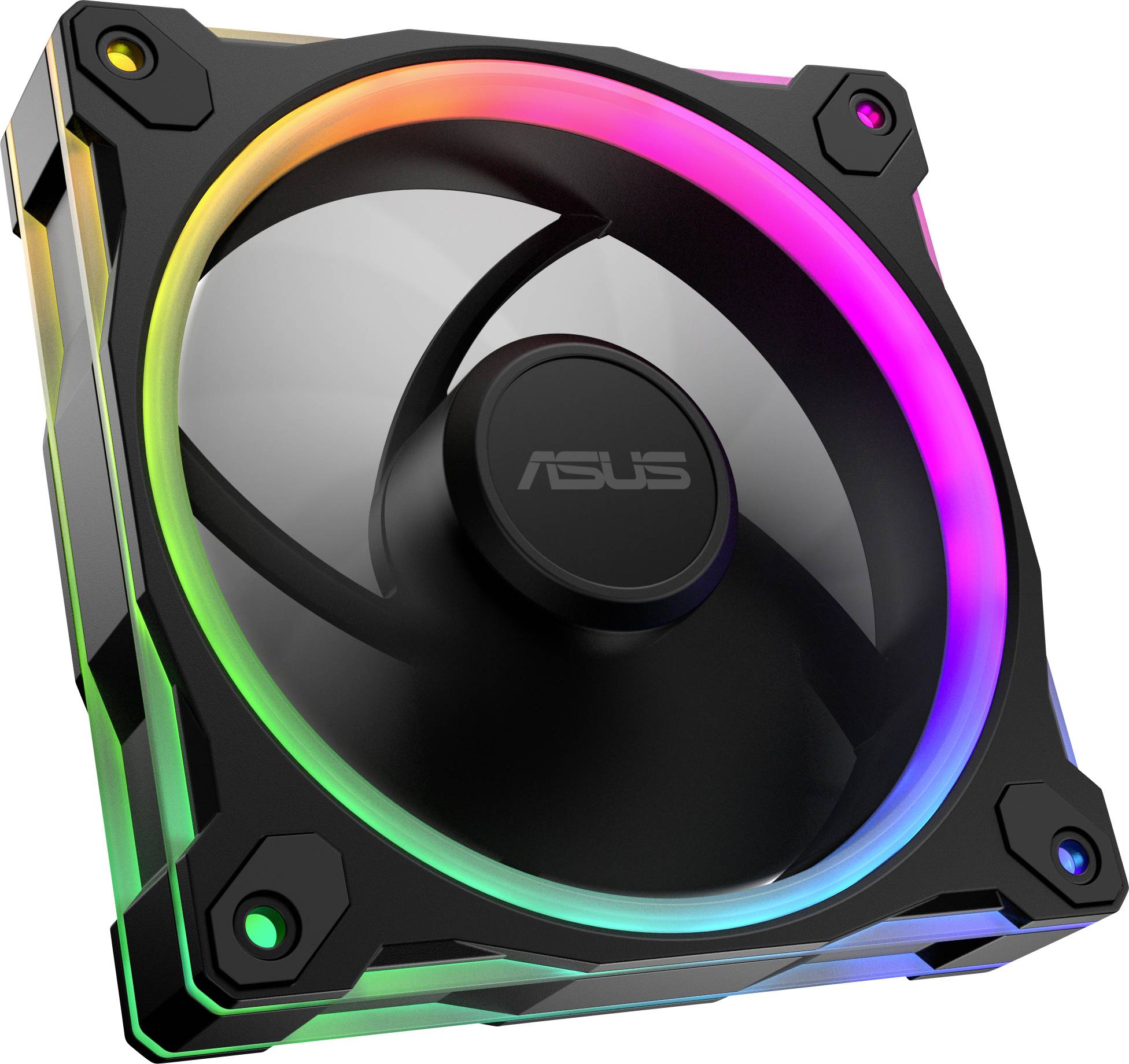 Počítačový chladicí ventilátor s osvětleným, vícebarevným LED kruhem, který má uprostřed logo 'ASUS', navržený pro herní nebo vysoce výkonné počítače.
