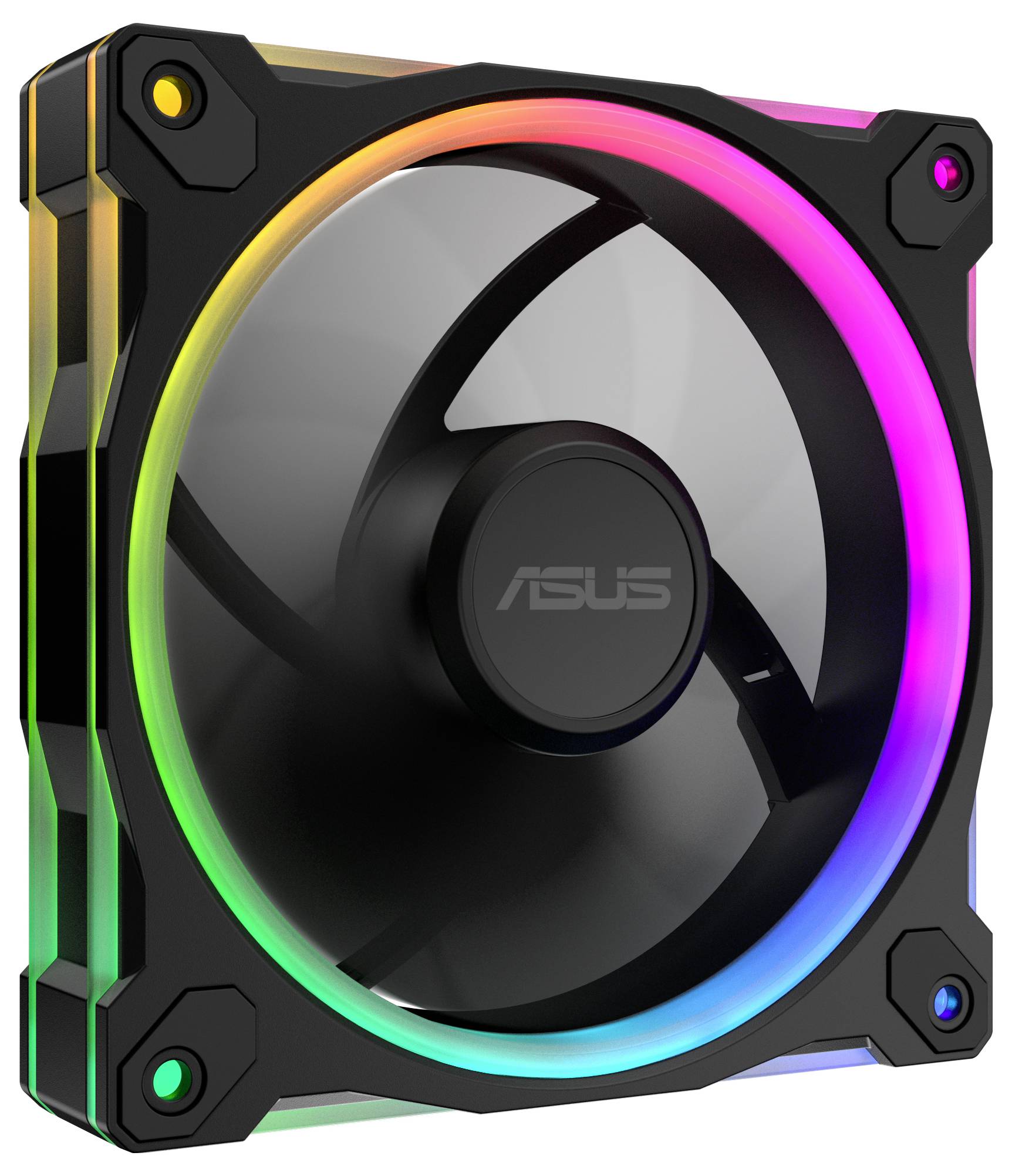 RGB počítačový chladicí ventilátor s průhledným designem listů, obklopený rámečkem s duhovým LED osvětlením, s logem značky 'Asus' uprostřed.