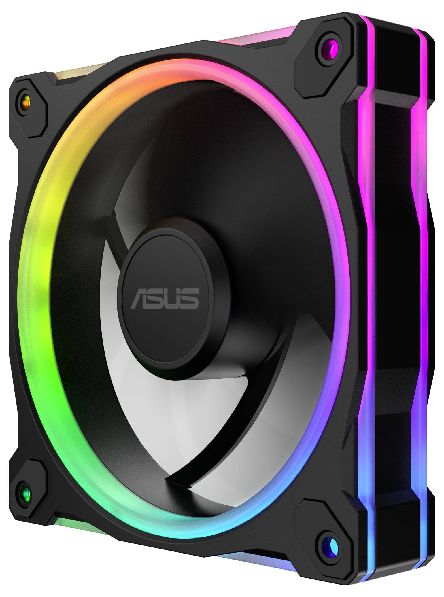 Počítačový chladicí ventilátor s RGB osvětlením, který má černý rám a centrální náboj, s různobarevným podsvícením na jeho okrajích a listech.