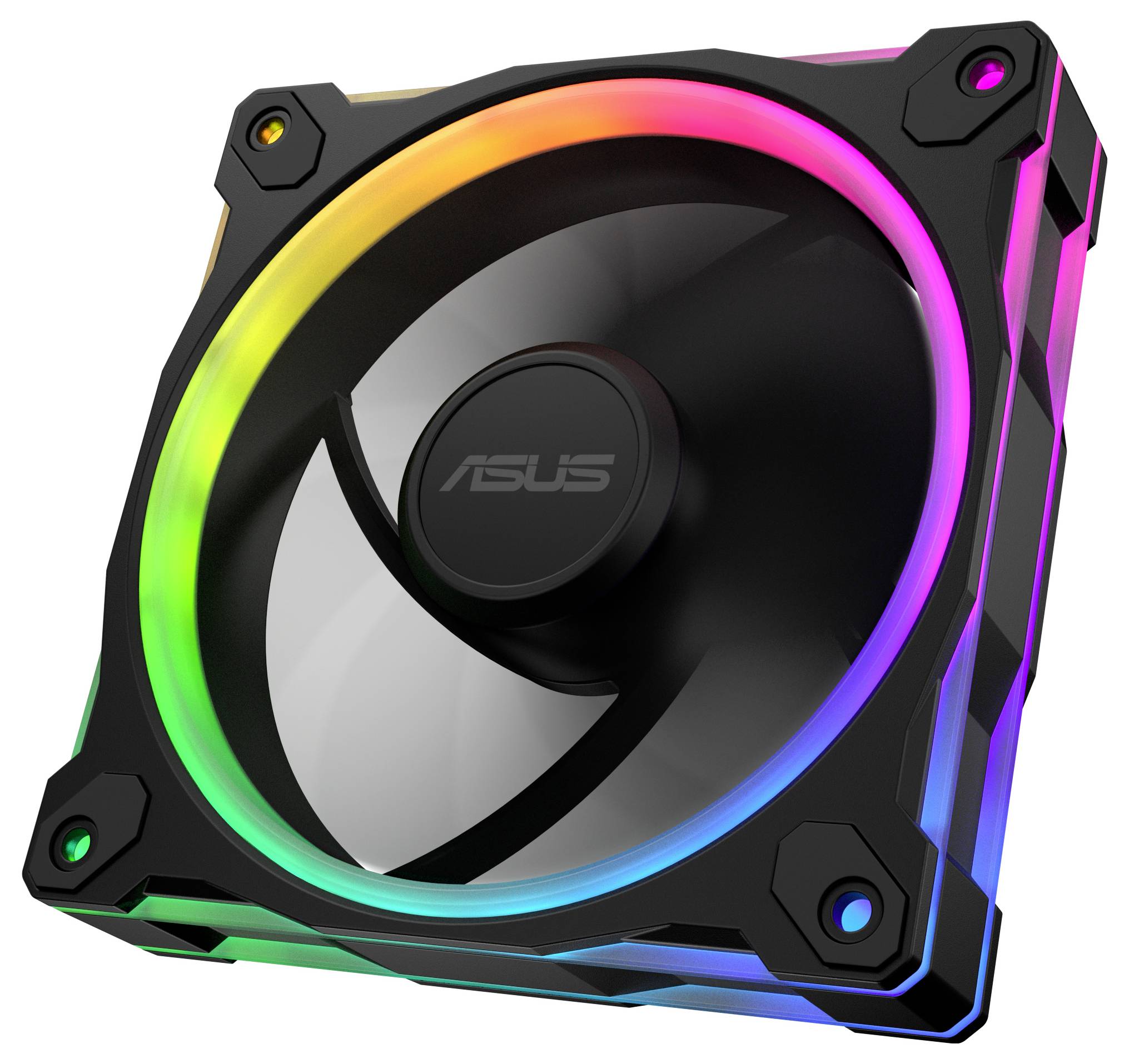 Počítačový chladicí ventilátor s RGB podsvícením osvětluje hrany duhovými barvami. Ve středu je zobrazen logo společnosti 'ASUS'.
