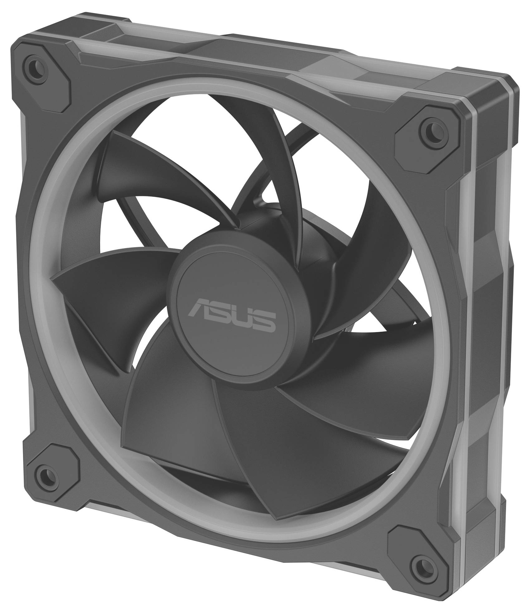 Černý počítačový chladicí ventilátor s logem ASUS uprostřed náběžné hrany, zobrazující několik lopatek uvnitř čtvercového rámu s upevněním v rozích.
