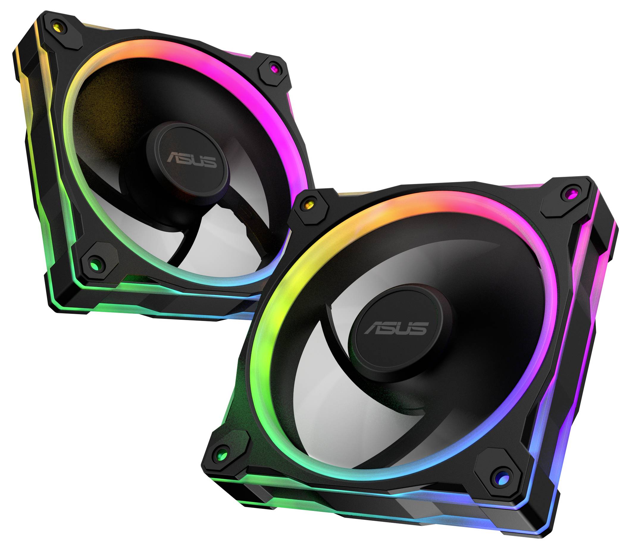 Dva počítačové ventilátory ASUS s RGB podsvícením, zobrazující spektrum barev po okrajích. Lopatky ventilátorů jsou černé.