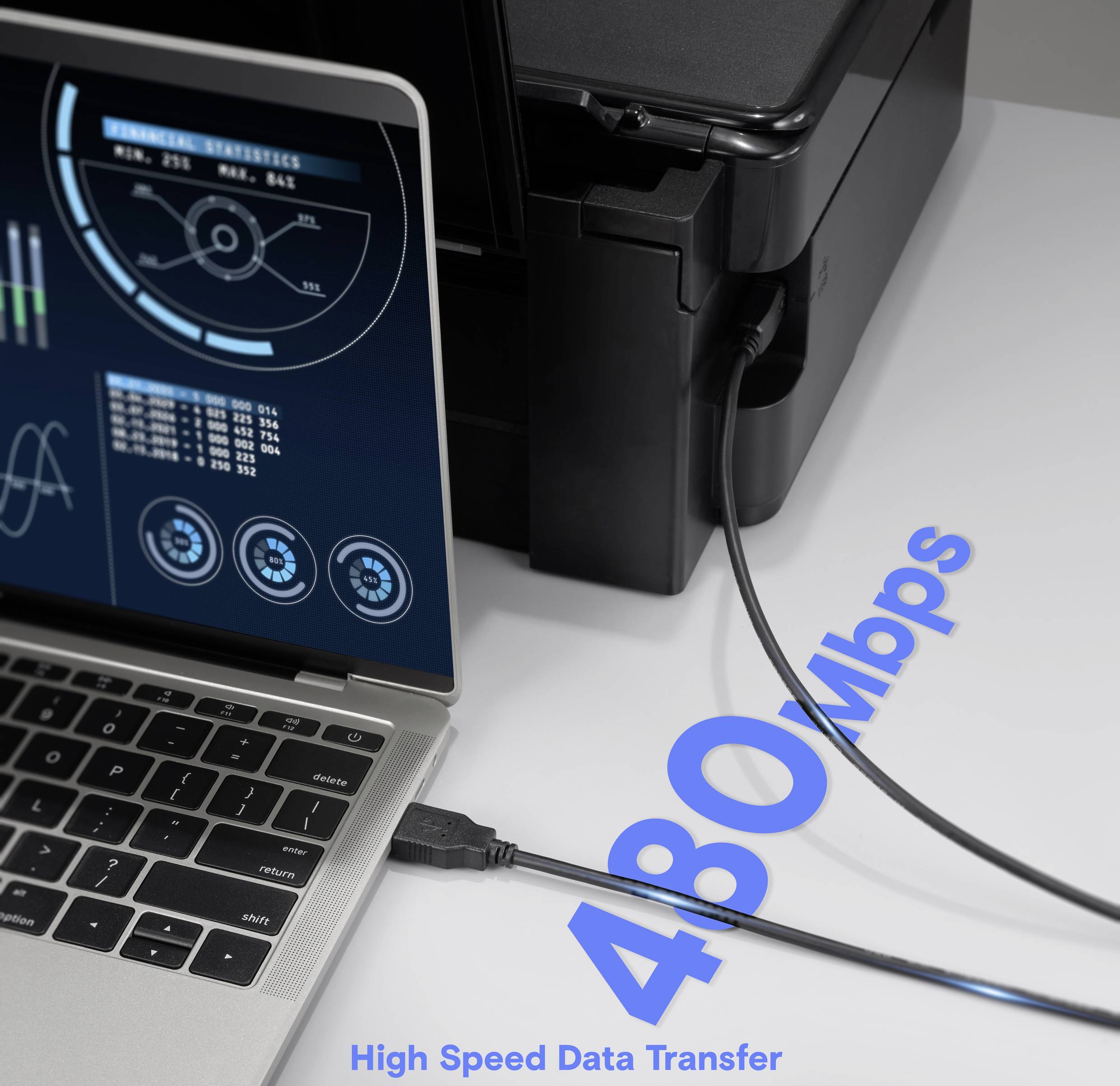 Notebook připojený k tiskárně přes USB, zobrazující řídicí panel s daty. Text uvádí '480Mbps' a 'Vysokorychlostní přenos dat'.