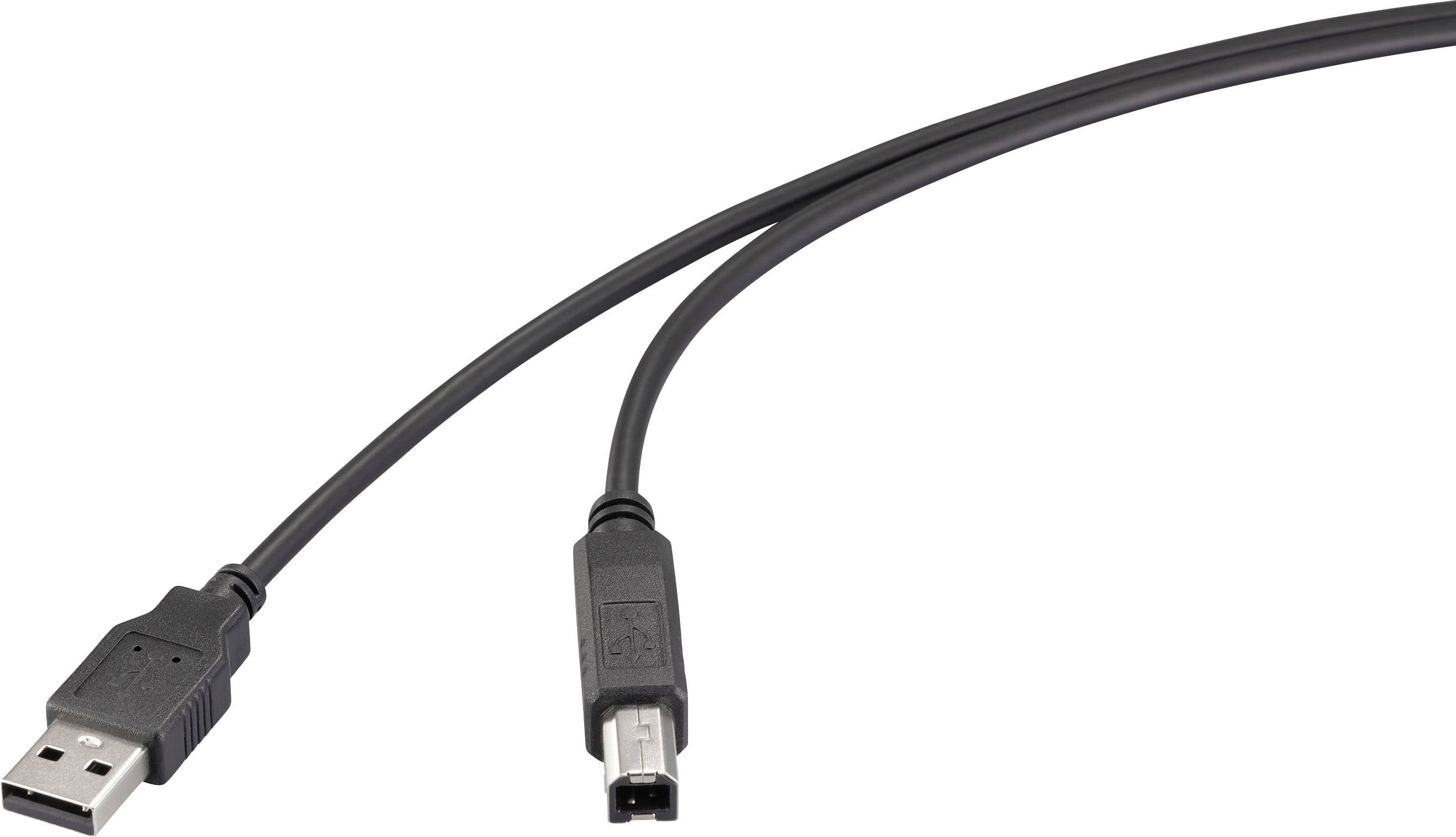 Černý USB kabel s mini USB konektory na obou koncích, mírně stočený.