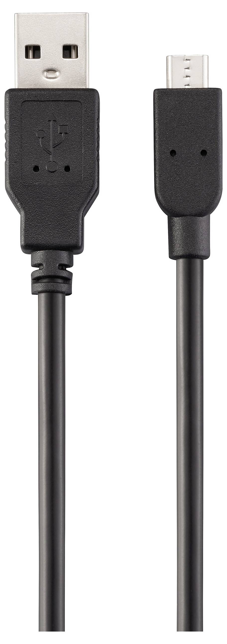 Kabel USB na micro USB, zobrazený vertikálně, s černými konektory a kabelem.
