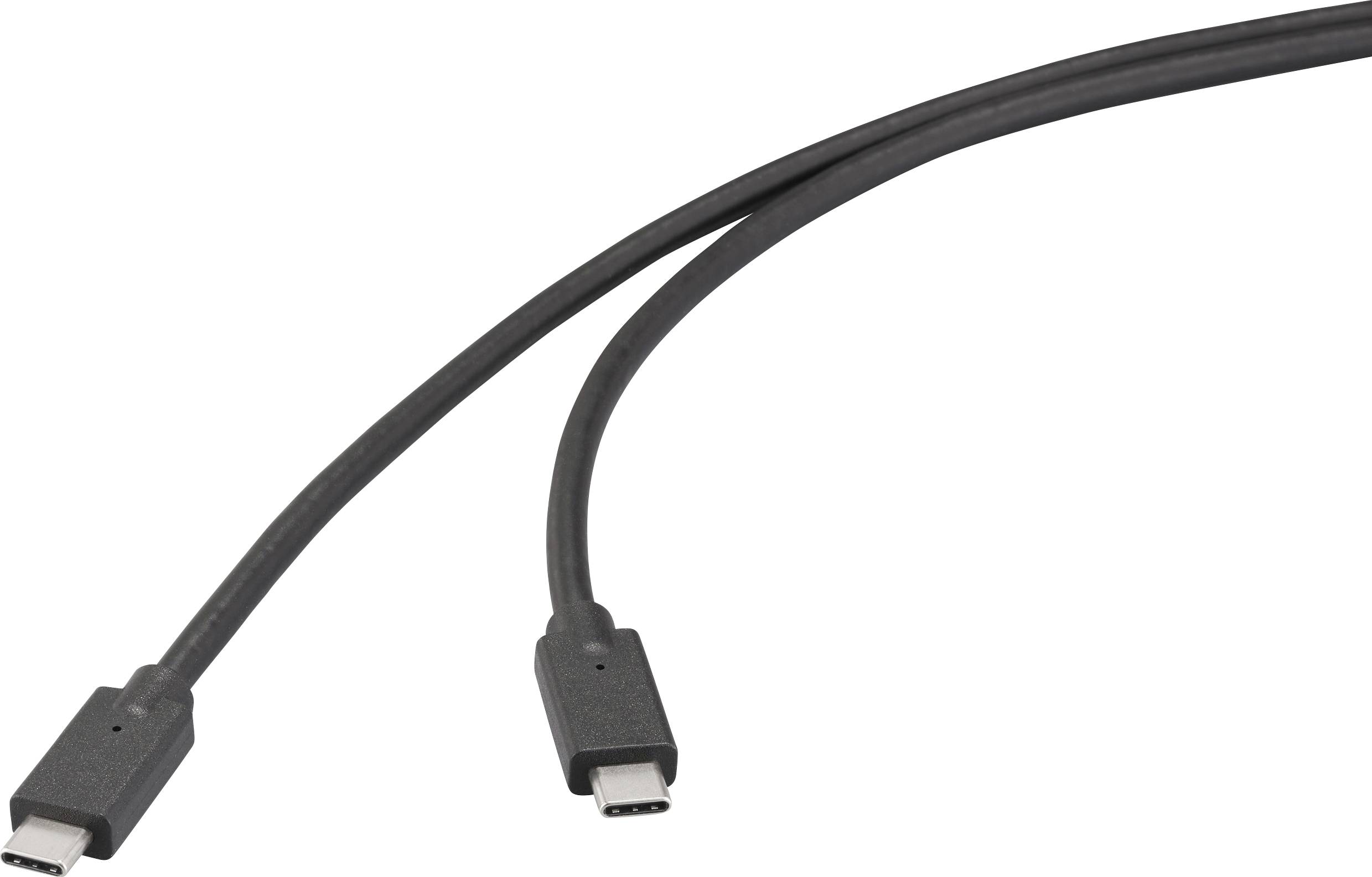 Černý USB-C kabel s konektory na obou koncích, používaný pro nabíjení nebo přenos dat.