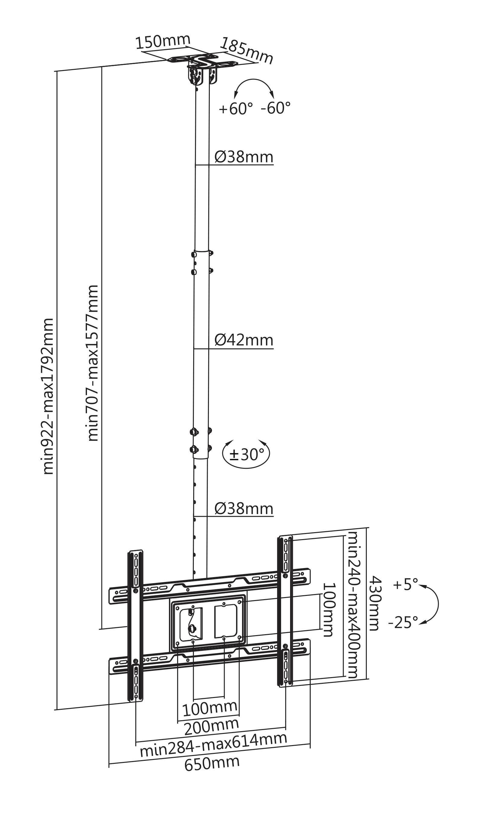 Diagram montážního držáku na strop pro TV:<br>- Výška nastavení: 707-1792 mm<br>- Vertikální naklonění: +60 až -60 stupňů<br>- Horizontální naklonění: +30 až -30 stupňů