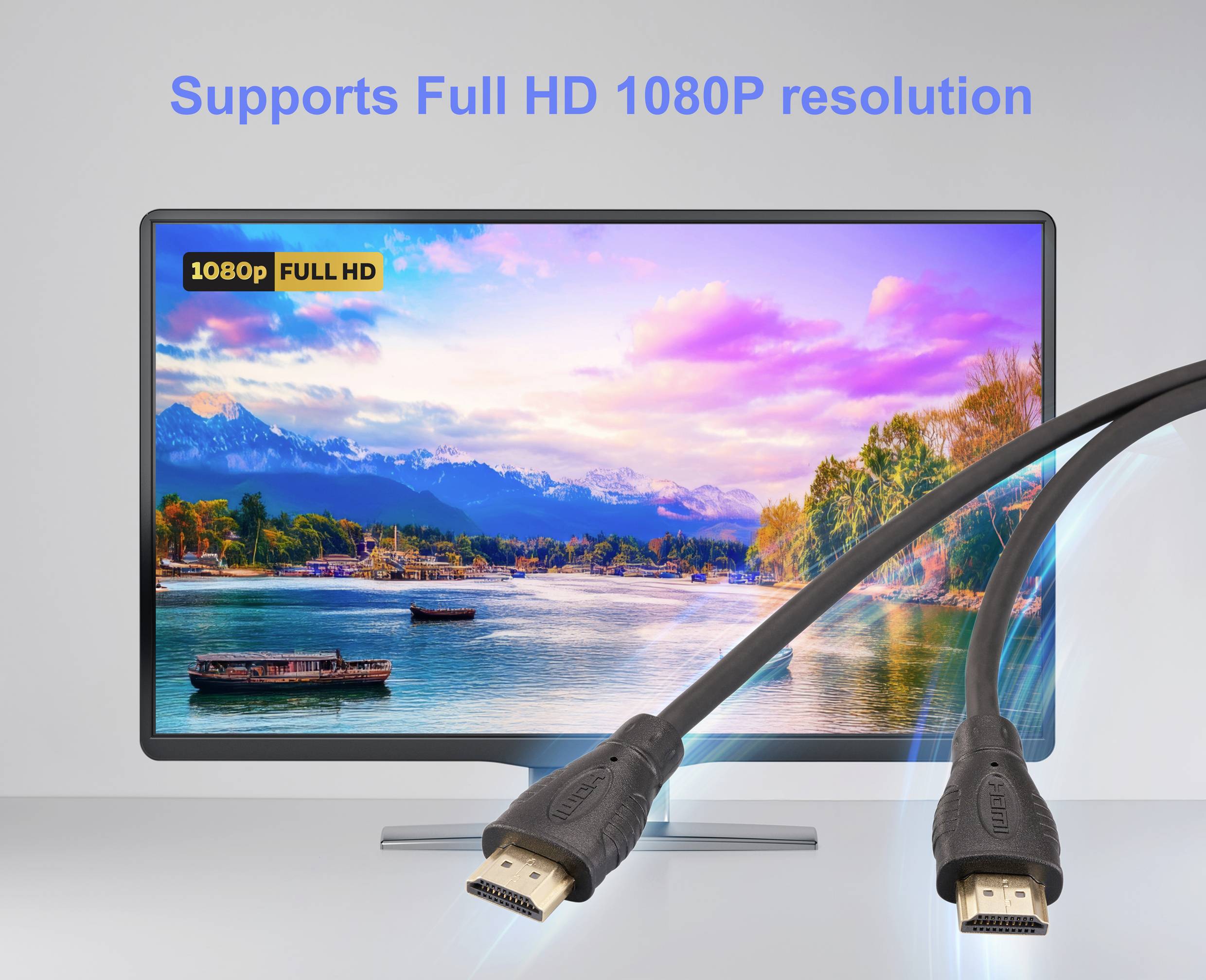 Televizní obrazovka zobrazuje sytou krajinu s textem '1080P Full HD'. V popředí jsou dva HDMI kabely zdůrazňující propojení.