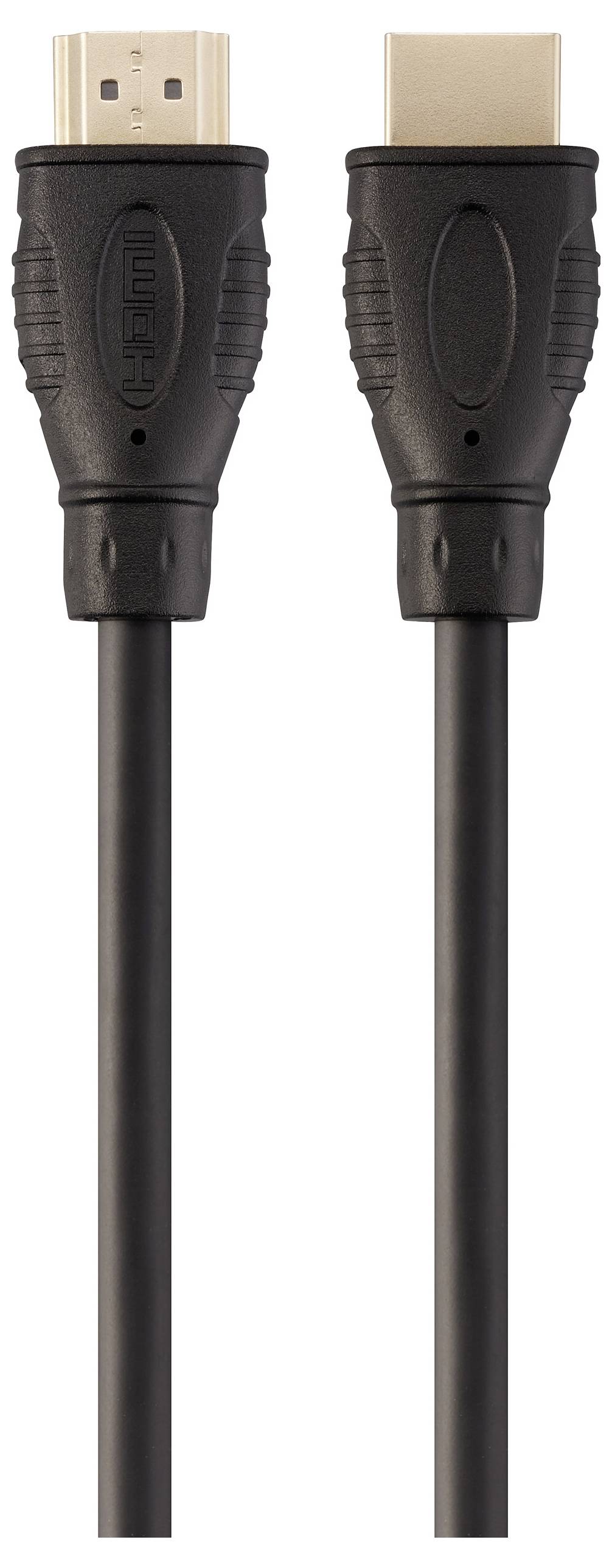Černý HDMI kabel se zlatými konektory na obou koncích, určený pro přenos vysokého rozlišení videa a audia mezi zařízeními.