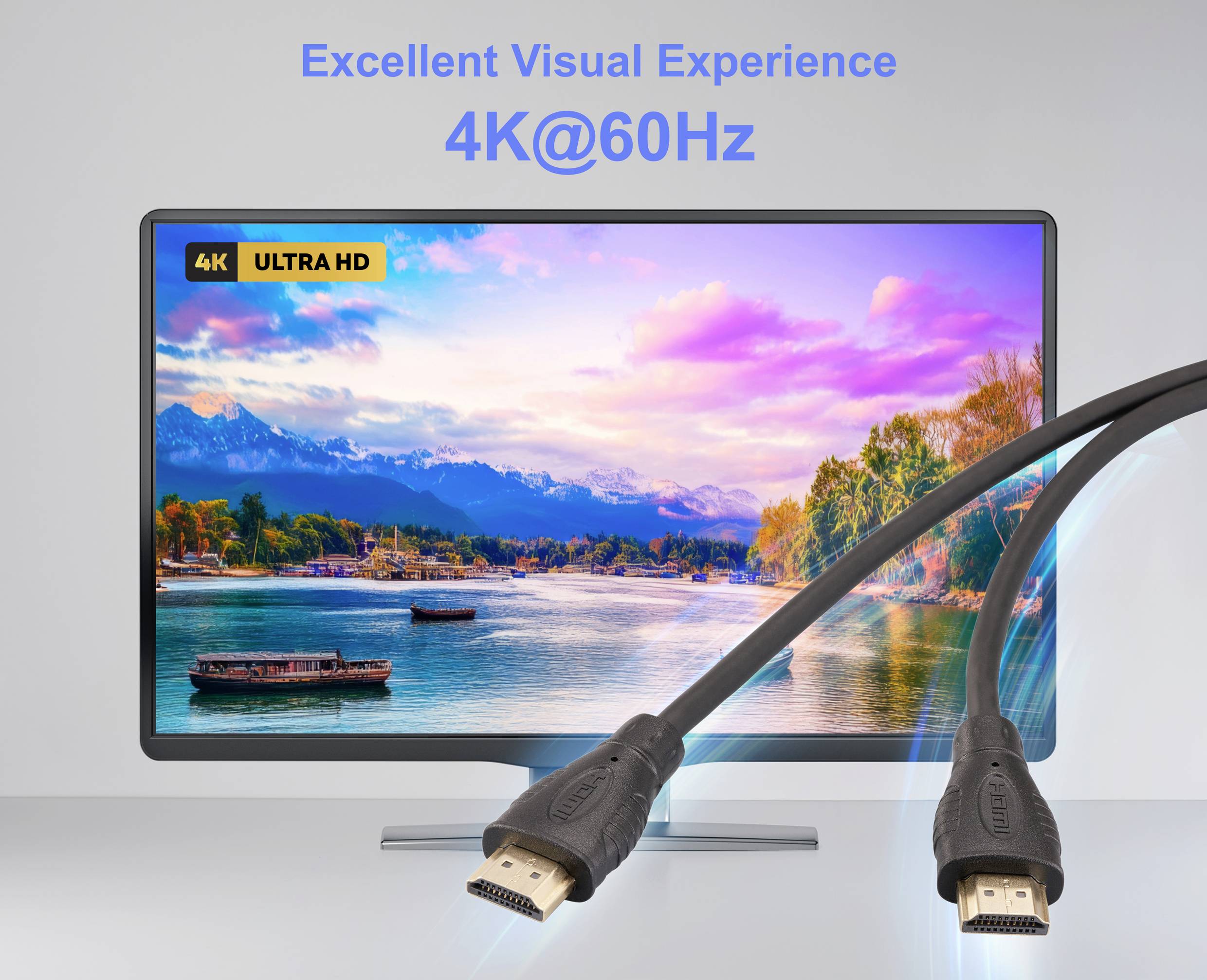 Televizní obrazovka zobrazující scenérický výhled na jezero a hory, označená '4K ULTRA HD.' Před ní jsou dva HDMI kabely a text hlásá 'Vynikající vizuální zážitek 4K@60Hz.'
