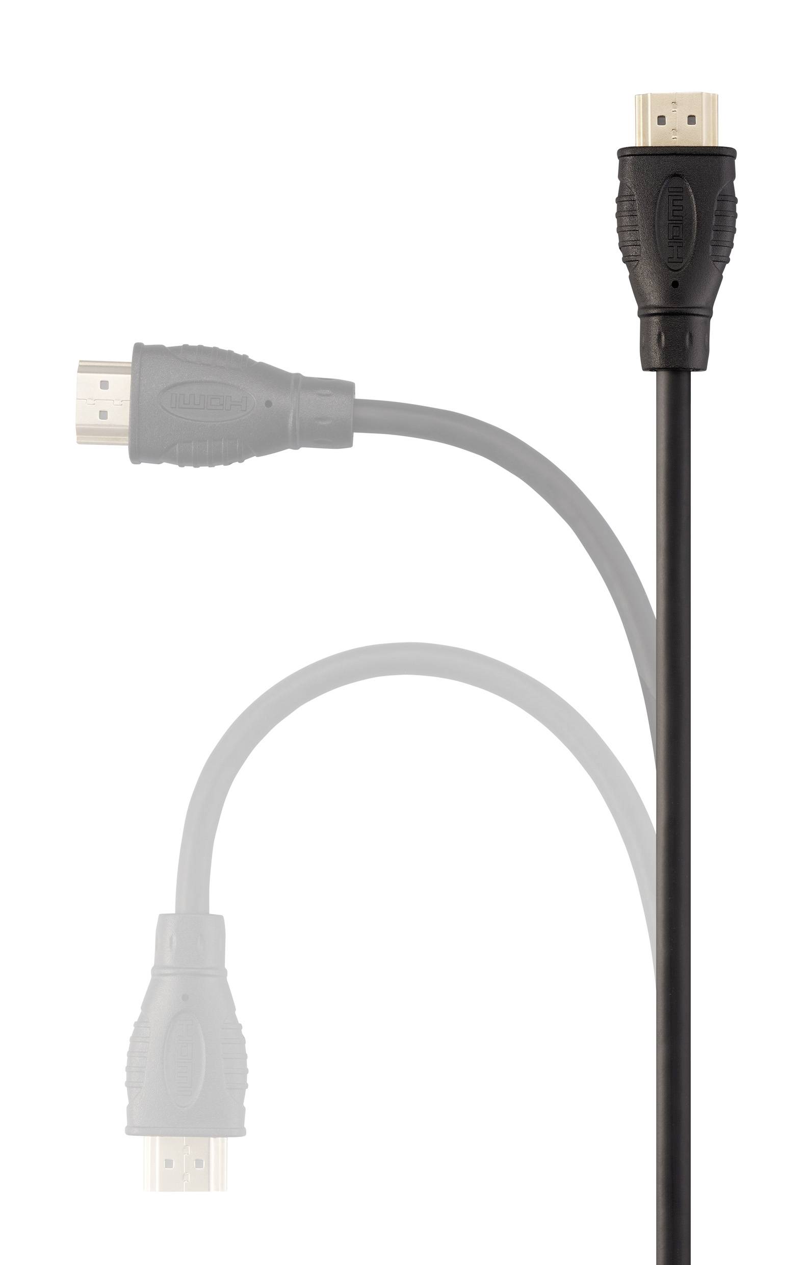 Černý HDMI kabel zobrazený ve třech polohách, zdůrazňující jeho flexibilitu a dosah.